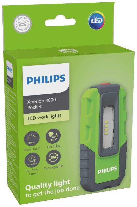 'Philips Xperion 3000 Pocket' LED-Arbeitslampe-Verpackung zeigt Lampe, Funktionen in Symbolen, grün-schwarzes Design, flexibel und wiederaufladbar.