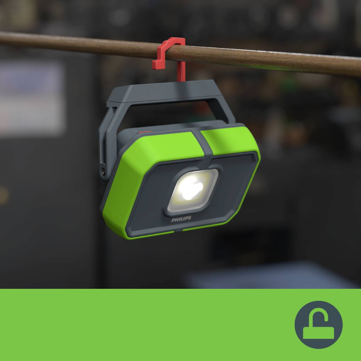 LED-Leuchte von Philips in Grün aufgehängt an einer Metallstange, dargestellt auf einer Produktpräsentation.