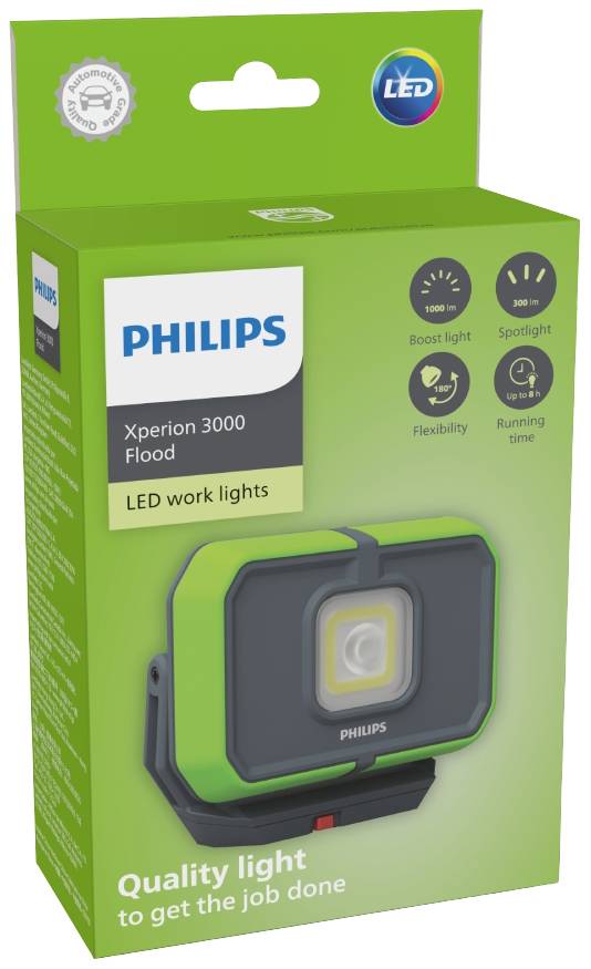 'Philips LED-Arbeitsleuchte, Modell Xperion 3000 Flood. Eigenschaften: Boost Light, Spot Light, Flexibilität, Betriebszeit.' Verpackung in grün und schwarz.