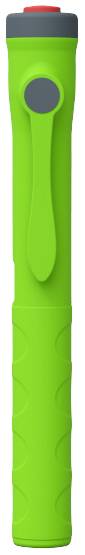 Grüne Taschenlampe mit Clip, vertikal ausgerichtet.