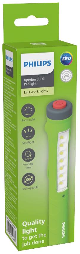 'Philips Xperion 3000 Penlight' LED-Arbeitsleuchte in grüner Verpackung. Zeigt Produktmerkmale wie fokussiertes Licht und Spritzwasserschutz.