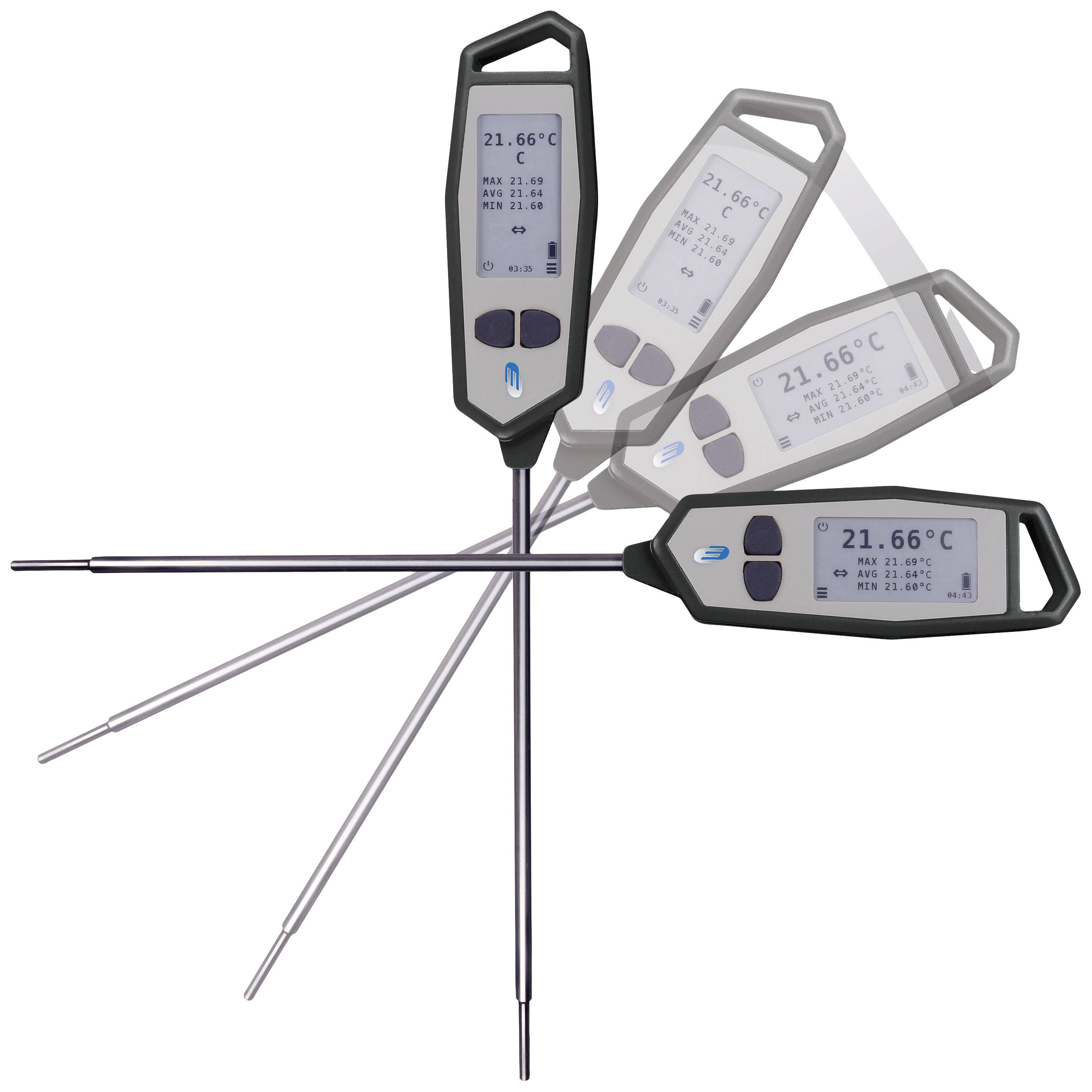 Drei digitale Thermometer mit langer Sonde, zeigen Temperaturanzeige in Grad Celsius auf digitalem Display, rotierendes Design.