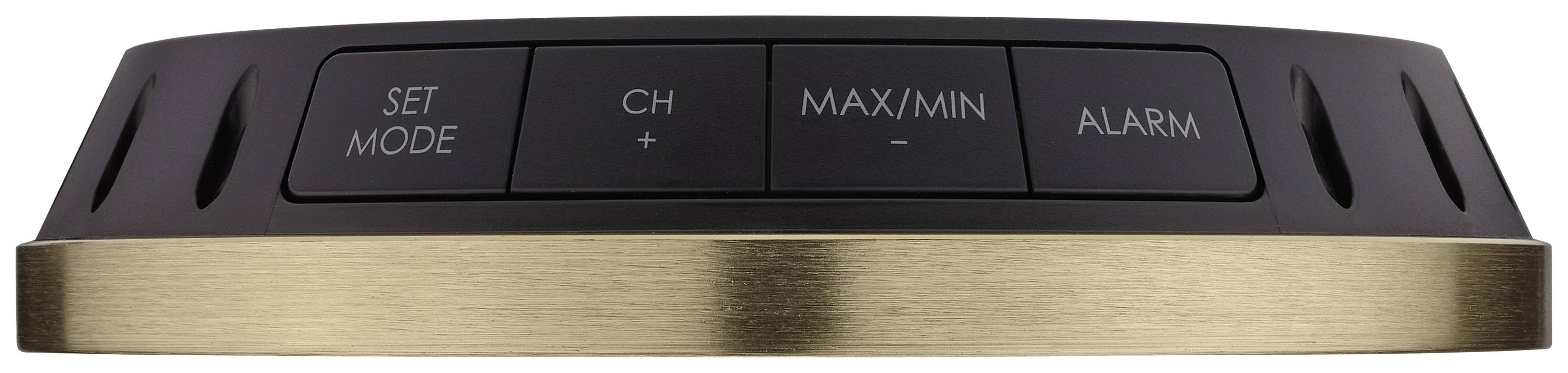 Ein kreisförmiges elektronisches Gerät mit vier Tasten: 'Set Mode', 'CH +', 'MAX/MIN -', 'Alarm'. Goldfarbene Basis.
