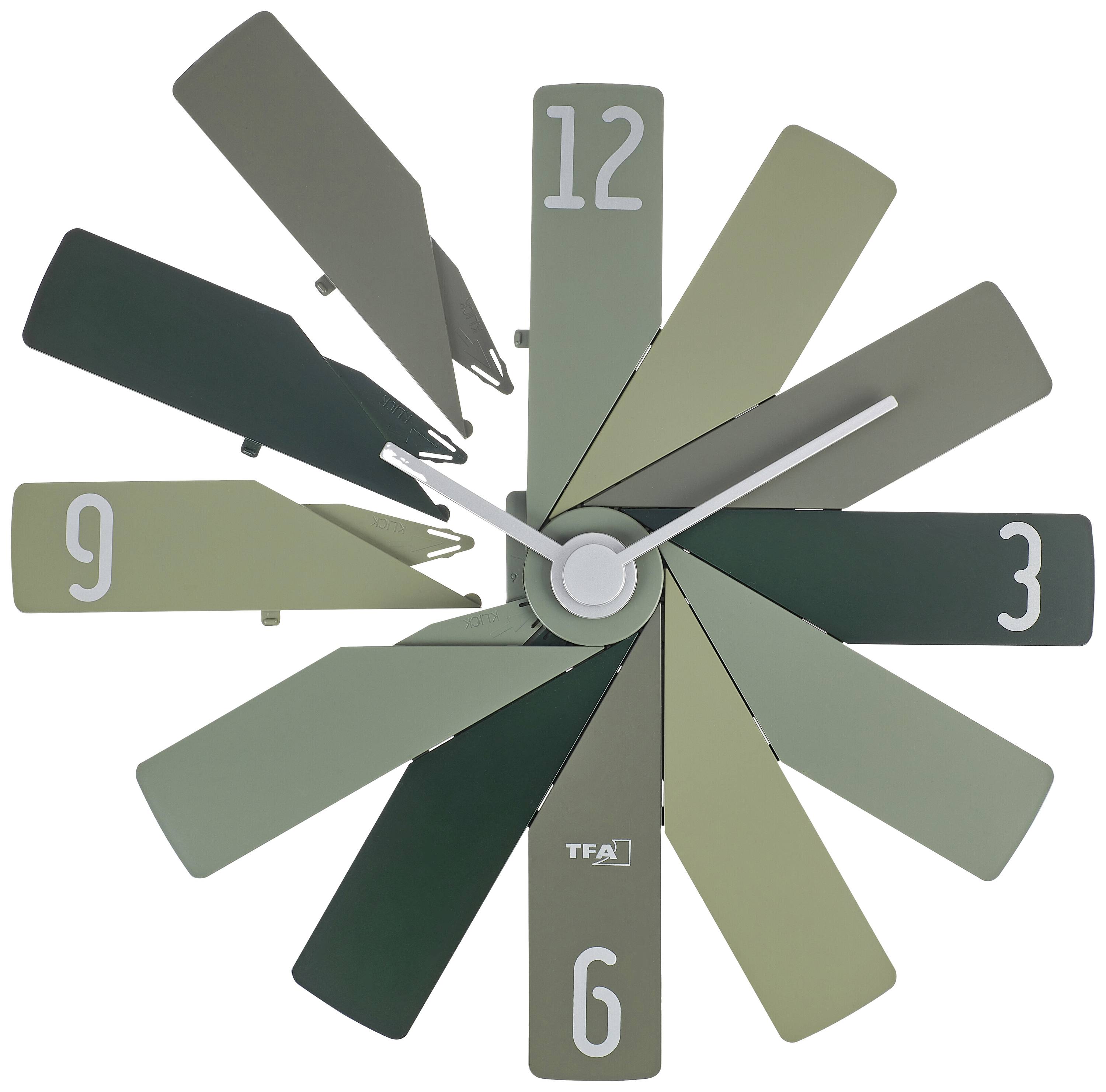 Analoguhr mit zwölf unterschiedlich langen, überlappenden Zeigern in Grün- und Brauntönen, mit Zahlen 3, 6, 9 und 12.