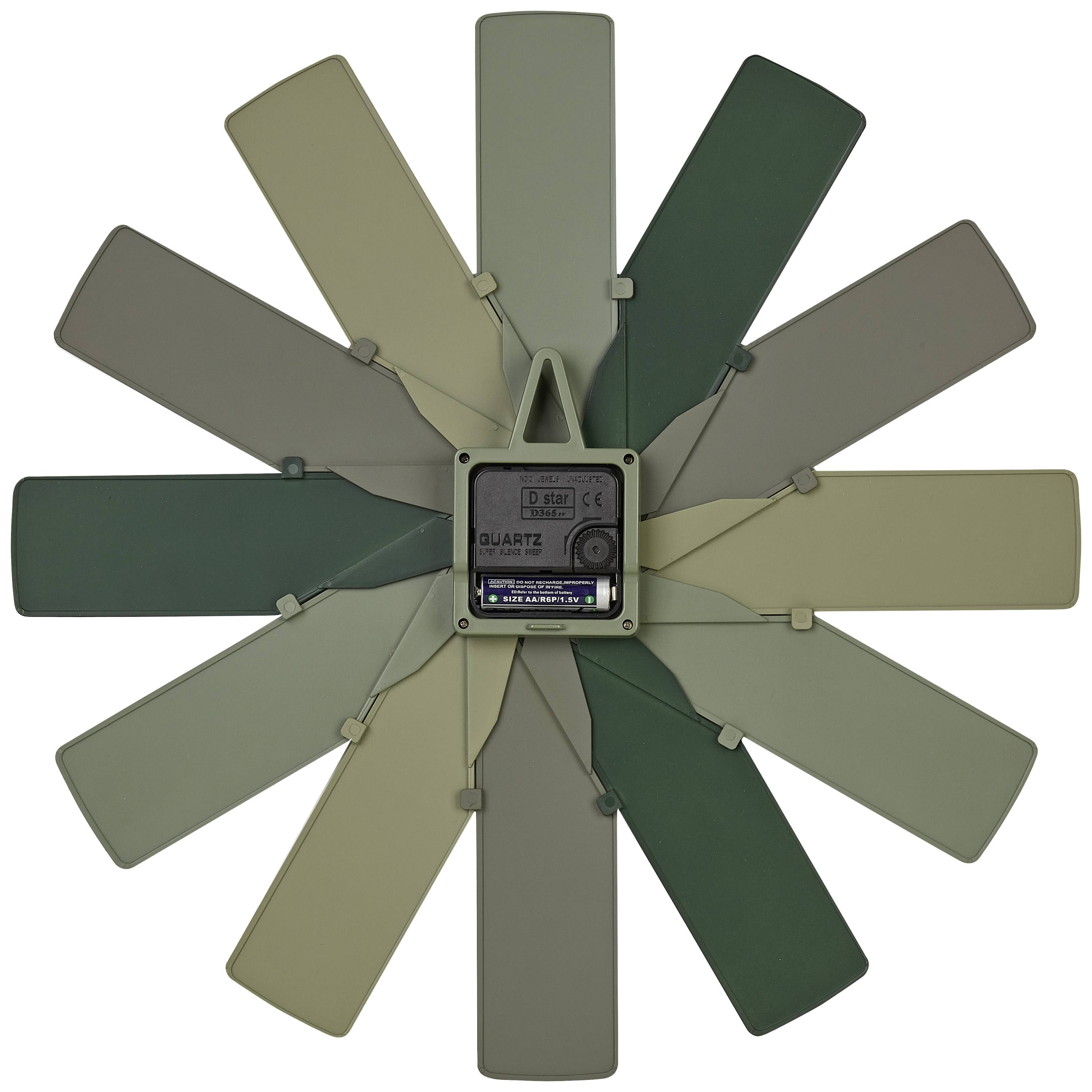 Eine Vintage-Wanduhr mit zwölf unterschiedlich gefärbten großen Blättern, die als Stundenmarkierungen dienen. Uhrwerk in der Mitte sichtbar.