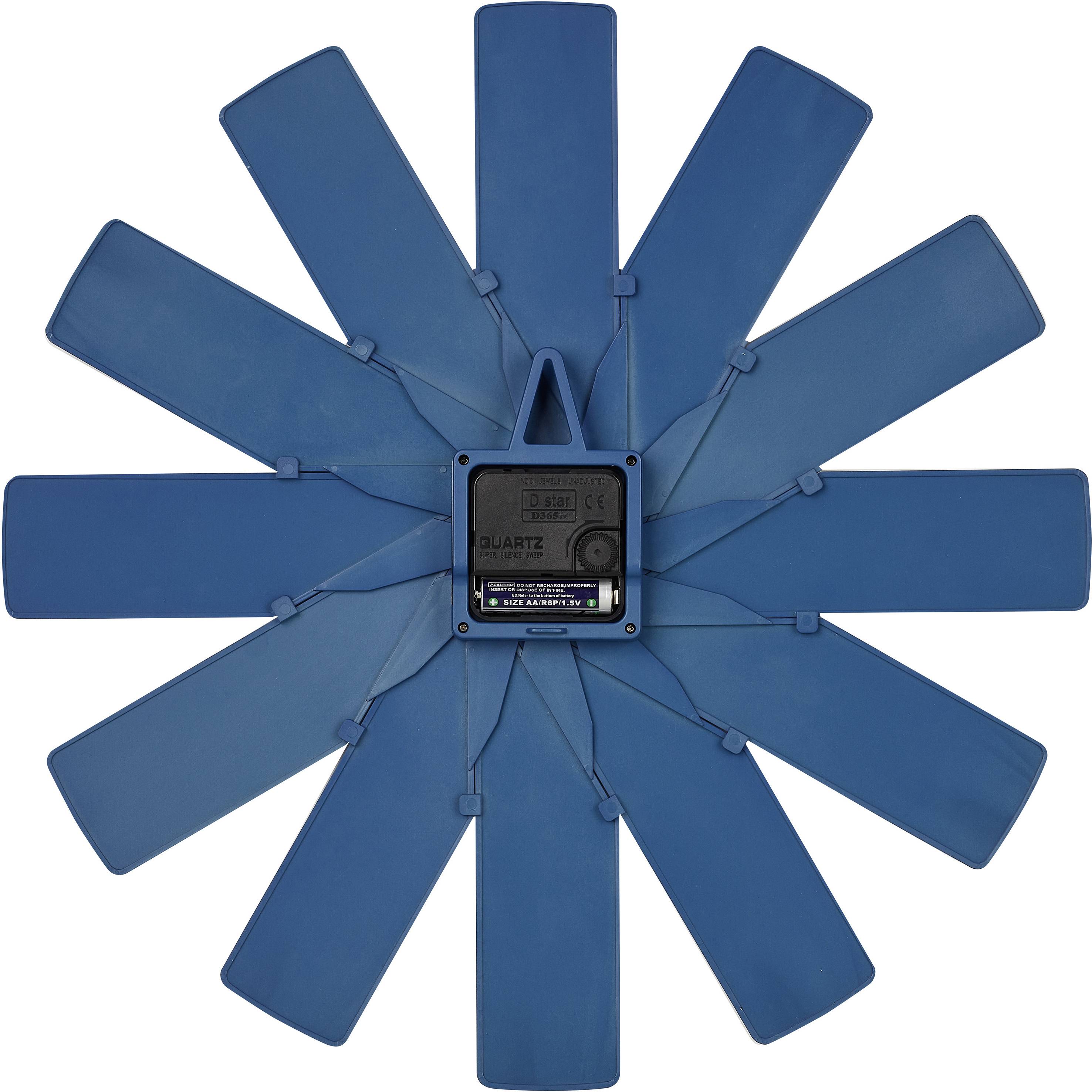 Blauer Wanduhrenmechanismus mit acht flügelartigen Blättern, die von einem zentralen Quarzuhr-Element ausgehen.