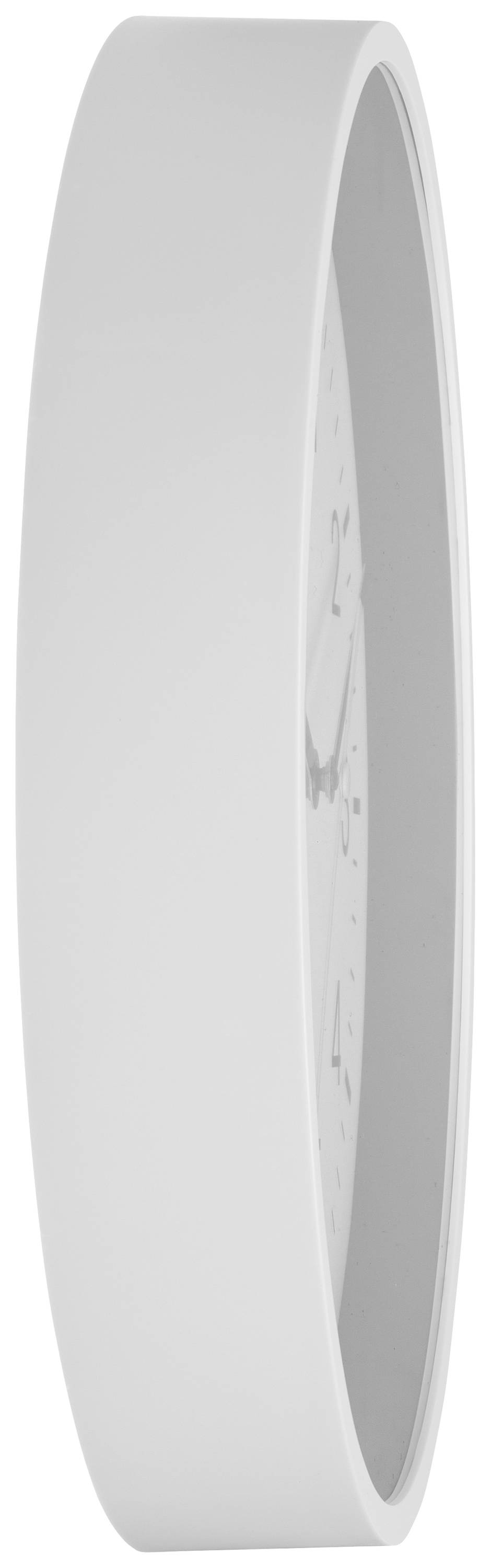 Weiße, runde Wanduhr von der Seite gezeigt, mit schlichtem Design und keinem sichtbaren Zifferblatt.