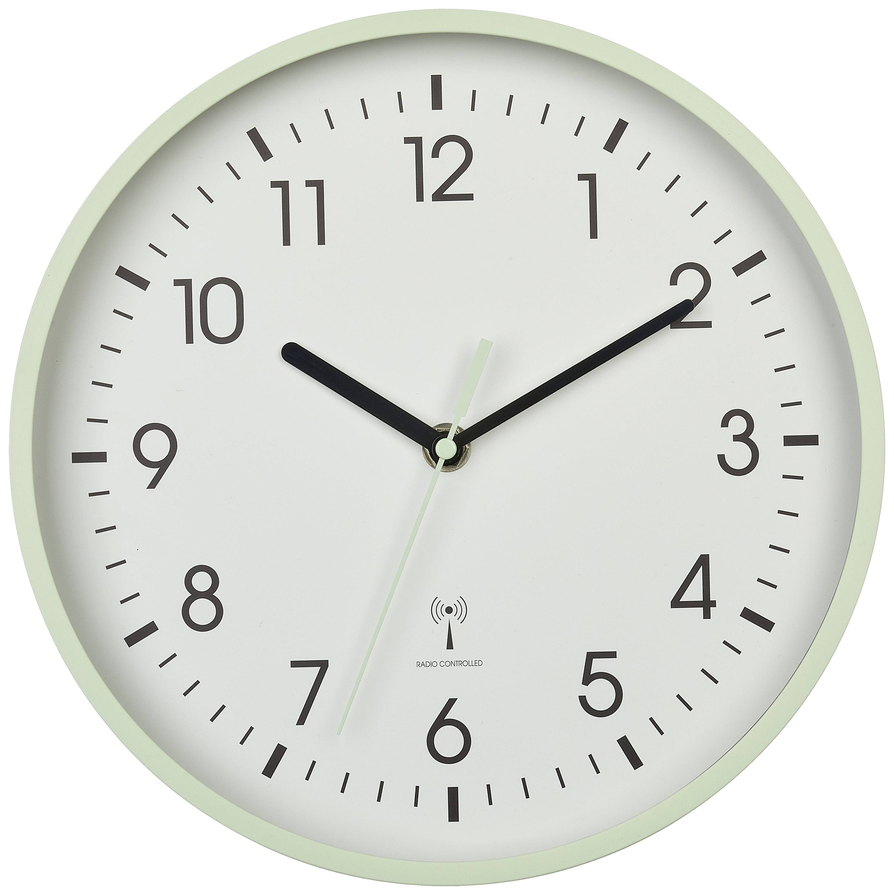 Eine runde analoge Wanduhr zeigt 2:10 Uhr. Sie hat schwarze Stunden- und Minutenzeiger und ein mintgrünes Gehäuse.