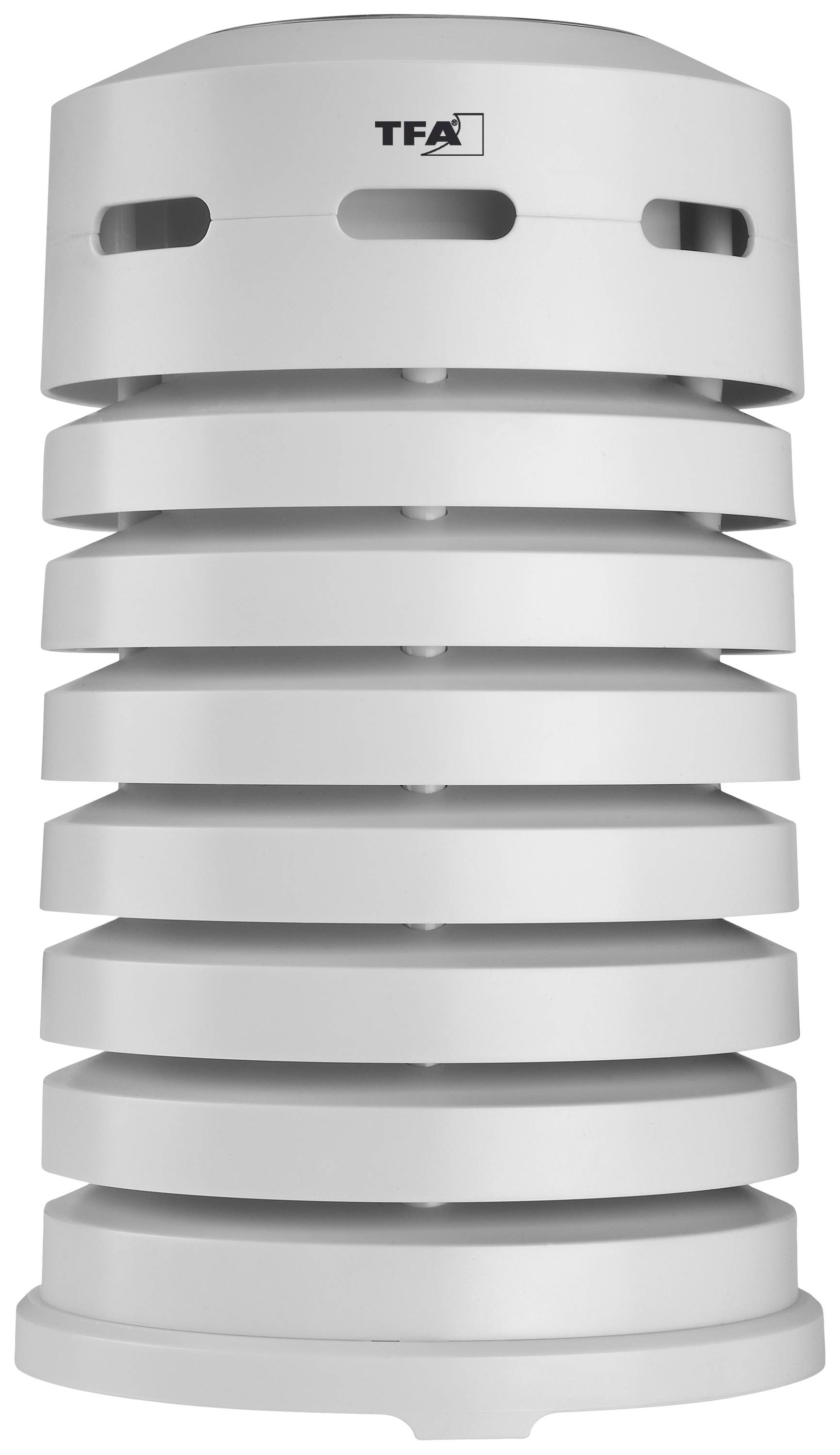 Ein weißer, zylindrischer Wetterschutz mit mehreren horizontalen Lamellen. Oben ist das Logo 'TFA' abgebildet.