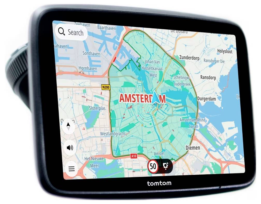 Ein TomTom-GPS-Bildschirm zeigt eine Karte von Amsterdam mit der Stadt in Türkis hervorgehoben und nahegelegenen Straßen, Wasserwegen und einem Symbol mit Geschwindigkeitsbegrenzung von 50.