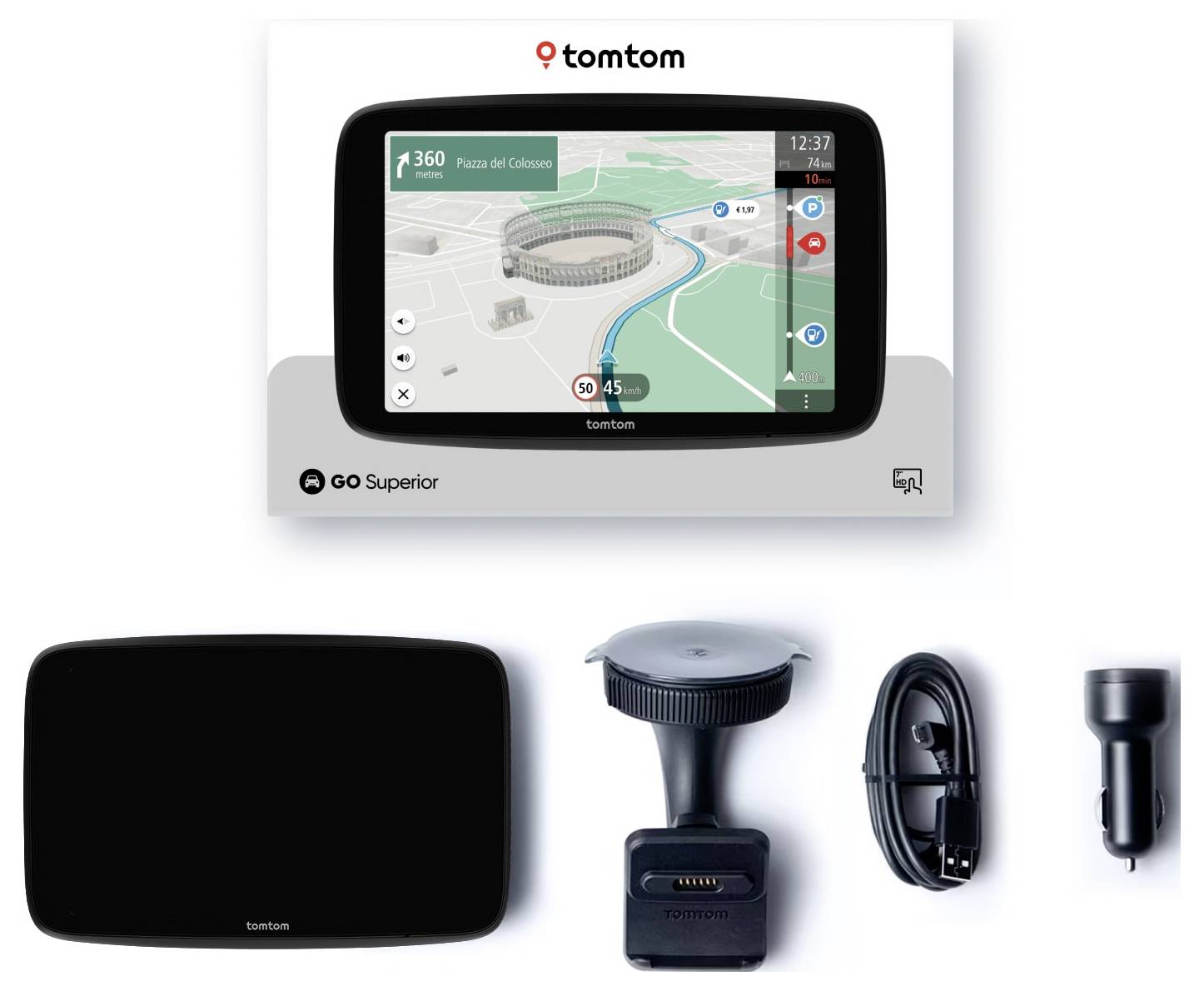 TomTom GO Superior GPS-Navigator mit Verpackung und Zubehör: Halterung, USB-Kabel und Kfz-Ladegerät.