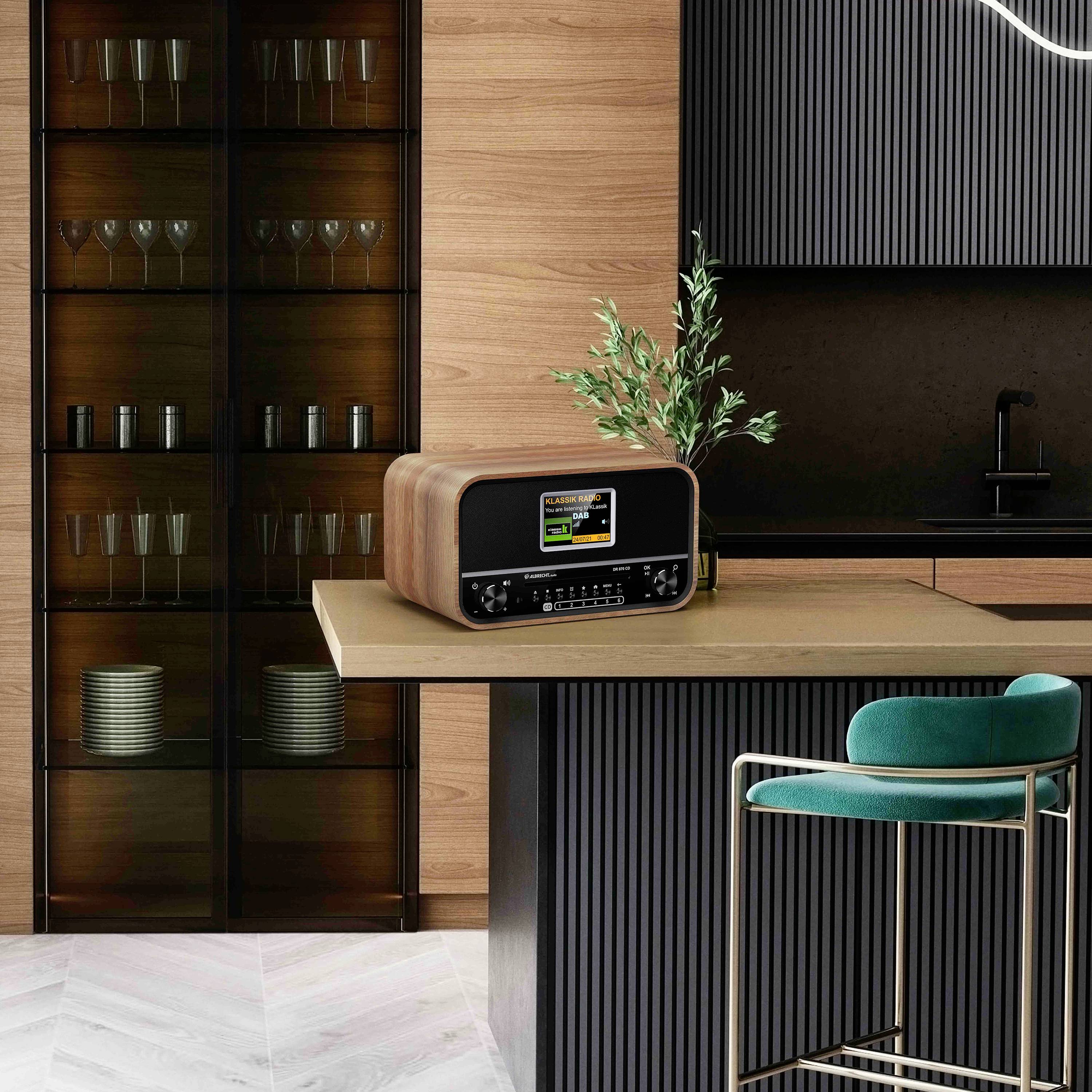 Albrecht DR 870 CD Seniorenradio, DAB+/ UKW/ CD/ USB Tischradio DAB+, UKW DAB+, UKW, Bluetooth® Weckfunktion, Inkl. Fernbedienung Walnuss, Schwarz
