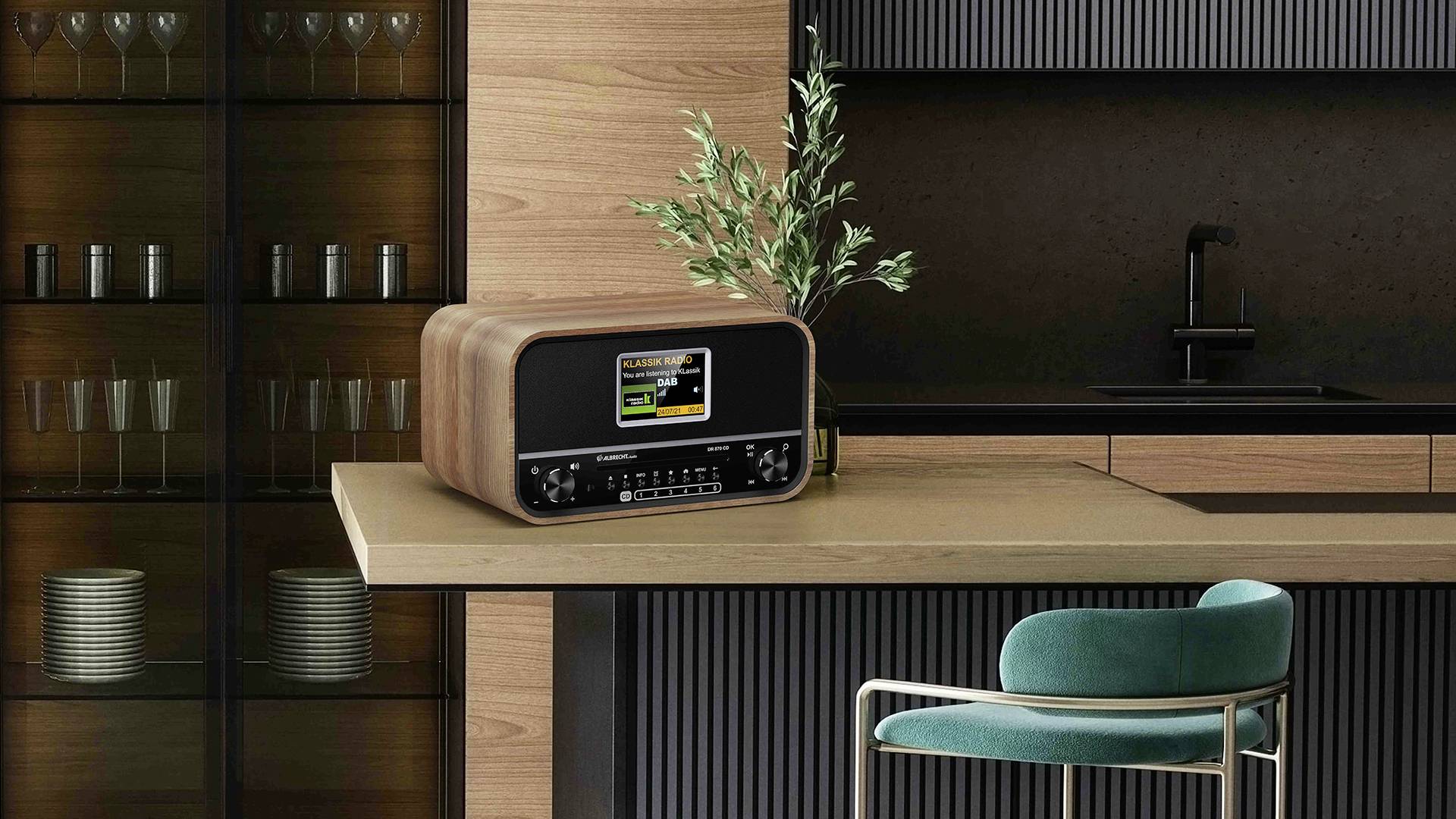 Albrecht DR 870 CD Seniorenradio, DAB+/ UKW/ CD/ USB Tischradio DAB+, UKW DAB+, UKW, Bluetooth® Weckfunktion, Inkl. Fernbedienung Walnuss, Schwarz