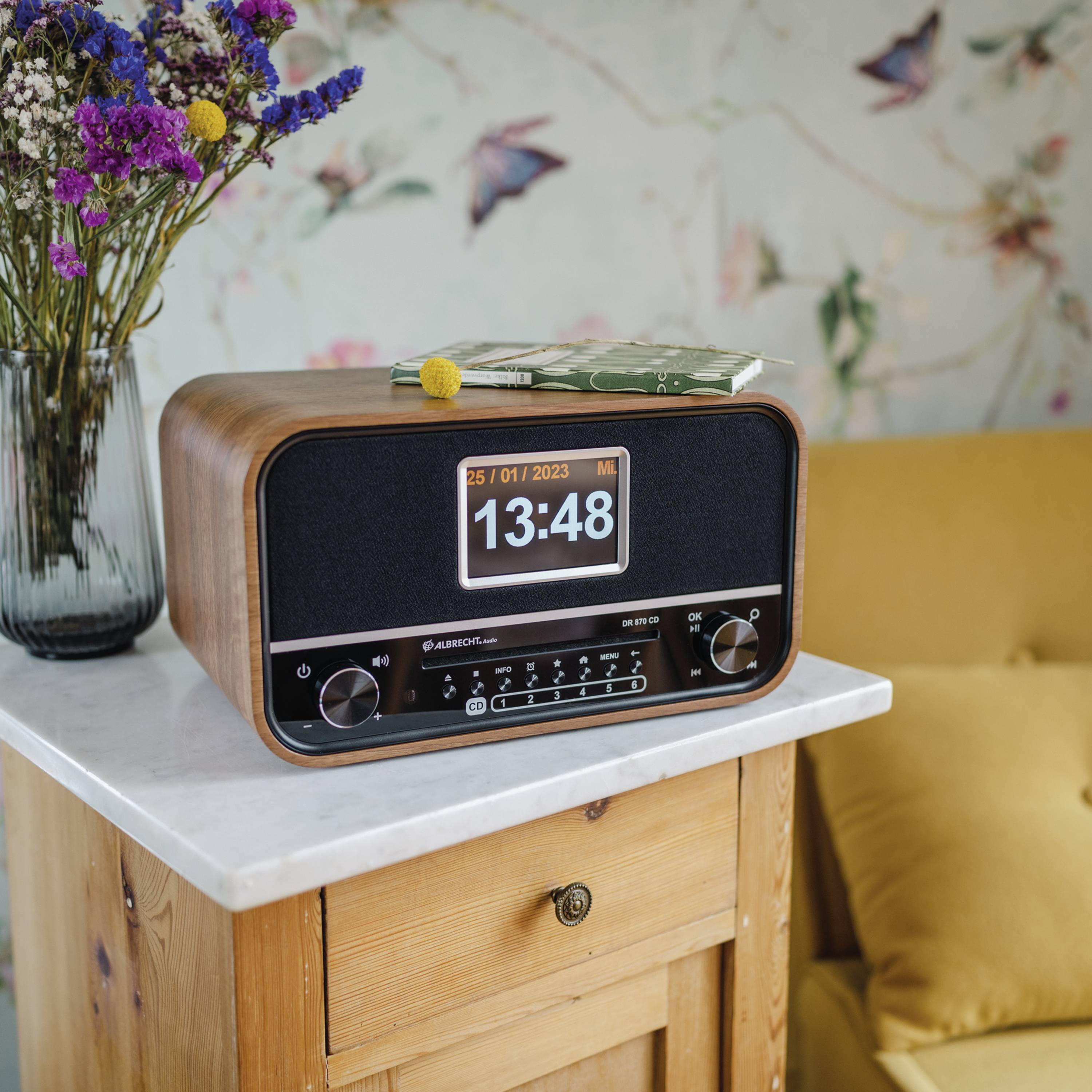 Albrecht DR 870 CD Seniorenradio, DAB+/ UKW/ CD/ USB Tischradio DAB+, UKW DAB+, UKW, Bluetooth® Weckfunktion, Inkl. Fernbedienung Walnuss, Schwarz