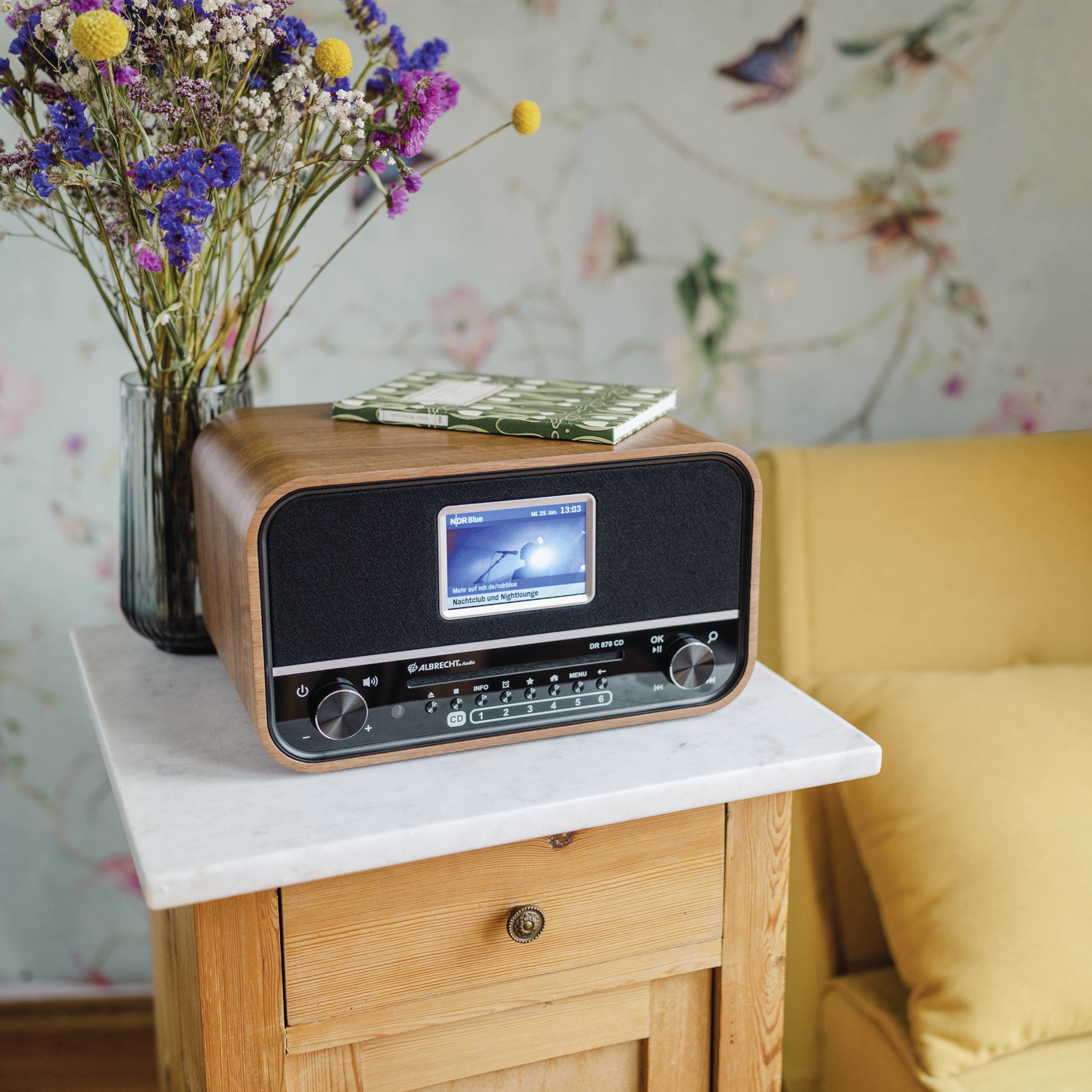 Albrecht DR 870 CD Seniorenradio, DAB+/ UKW/ CD/ USB Tischradio DAB+, UKW DAB+, UKW, Bluetooth® Weckfunktion, Inkl. Fernbedienung Walnuss, Schwarz