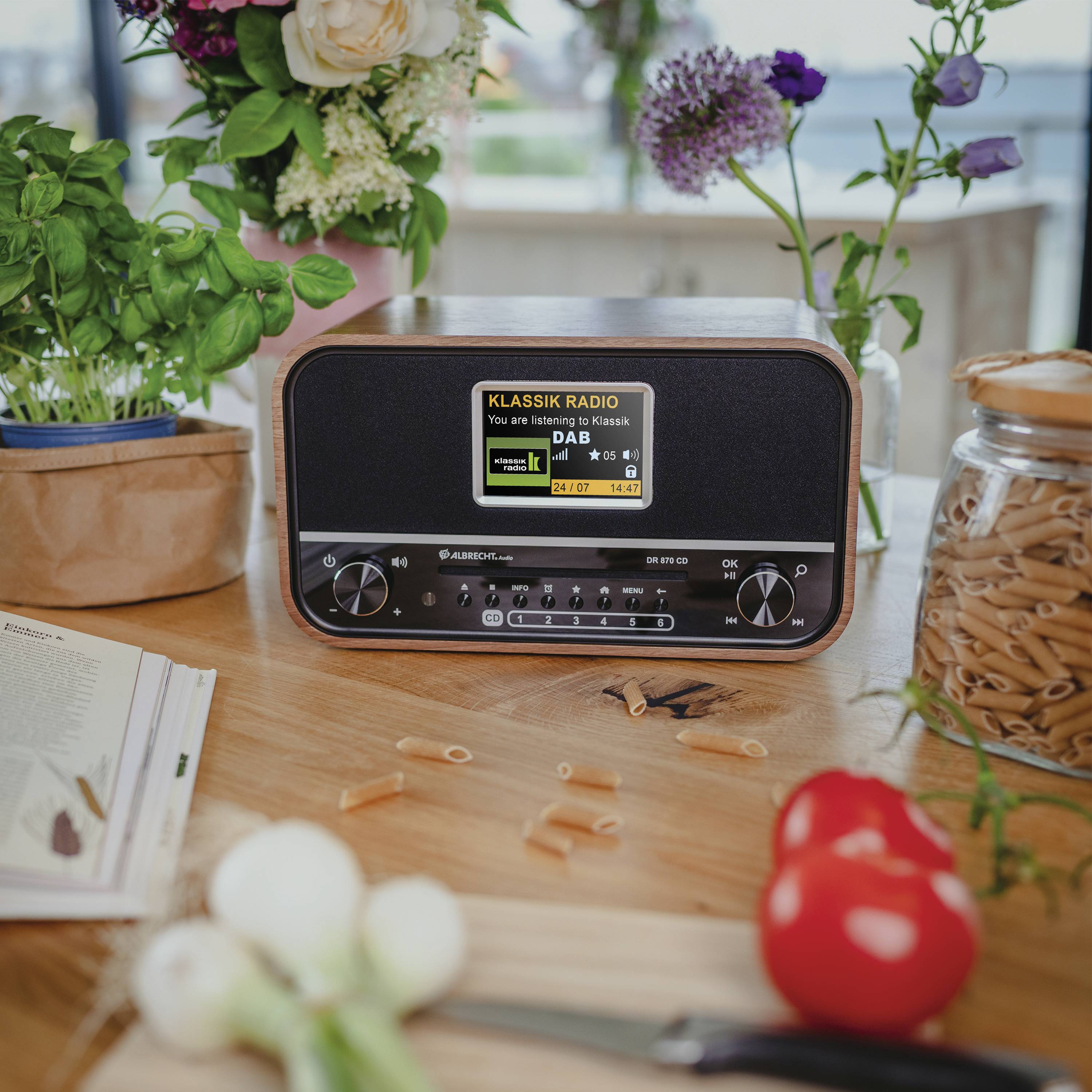 Albrecht DR 870 CD Seniorenradio, DAB+/ UKW/ CD/ USB Tischradio DAB+, UKW DAB+, UKW, Bluetooth® Weckfunktion, Inkl. Fernbedienung Walnuss, Schwarz