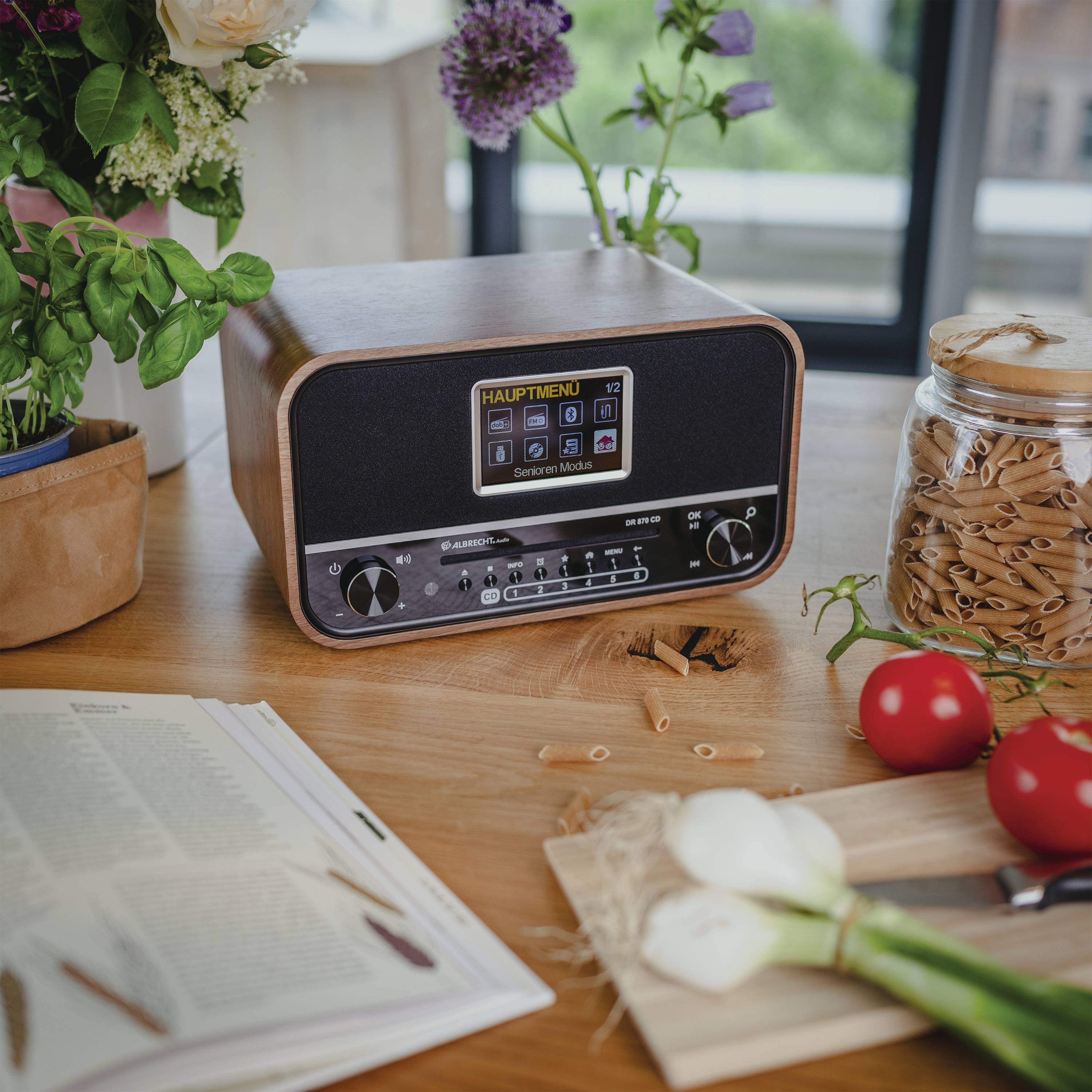 Albrecht DR 870 CD Seniorenradio, DAB+/ UKW/ CD/ USB Tischradio DAB+, UKW DAB+, UKW, Bluetooth® Weckfunktion, Inkl. Fernbedienung Walnuss, Schwarz