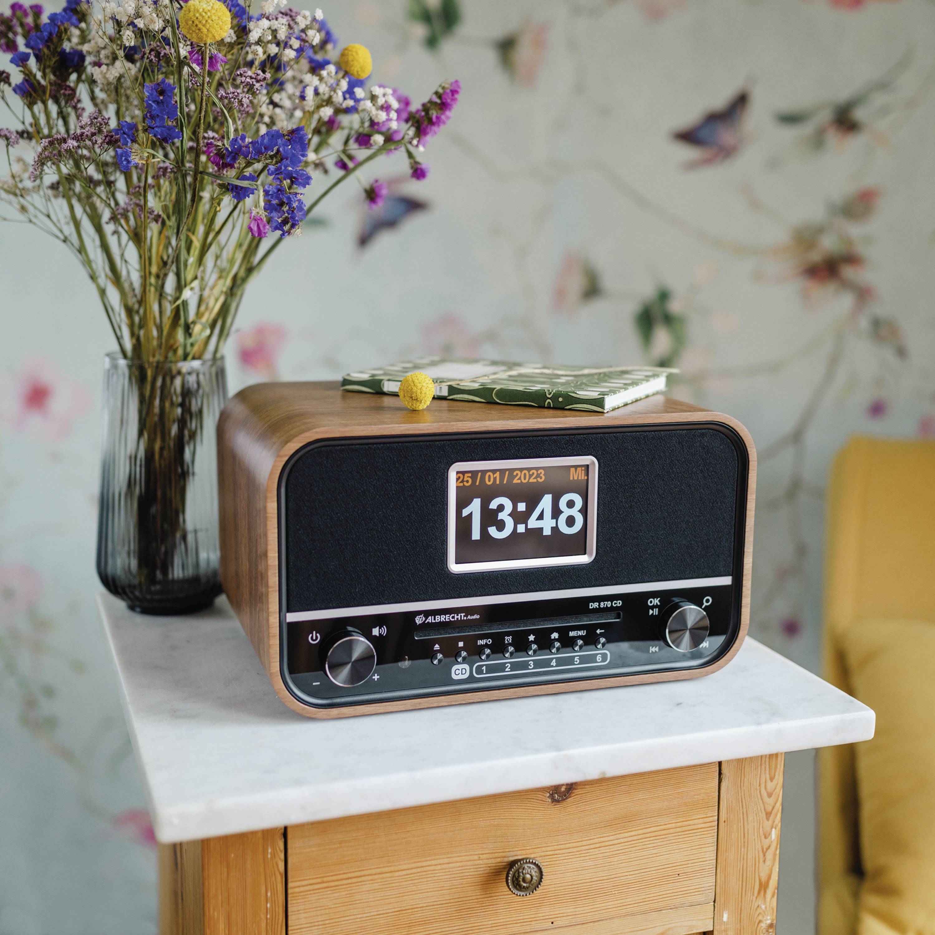 Albrecht DR 870 CD Seniorenradio, DAB+/ UKW/ CD/ USB Tischradio DAB+, UKW DAB+, UKW, Bluetooth® Weckfunktion, Inkl. Fernbedienung Walnuss, Schwarz