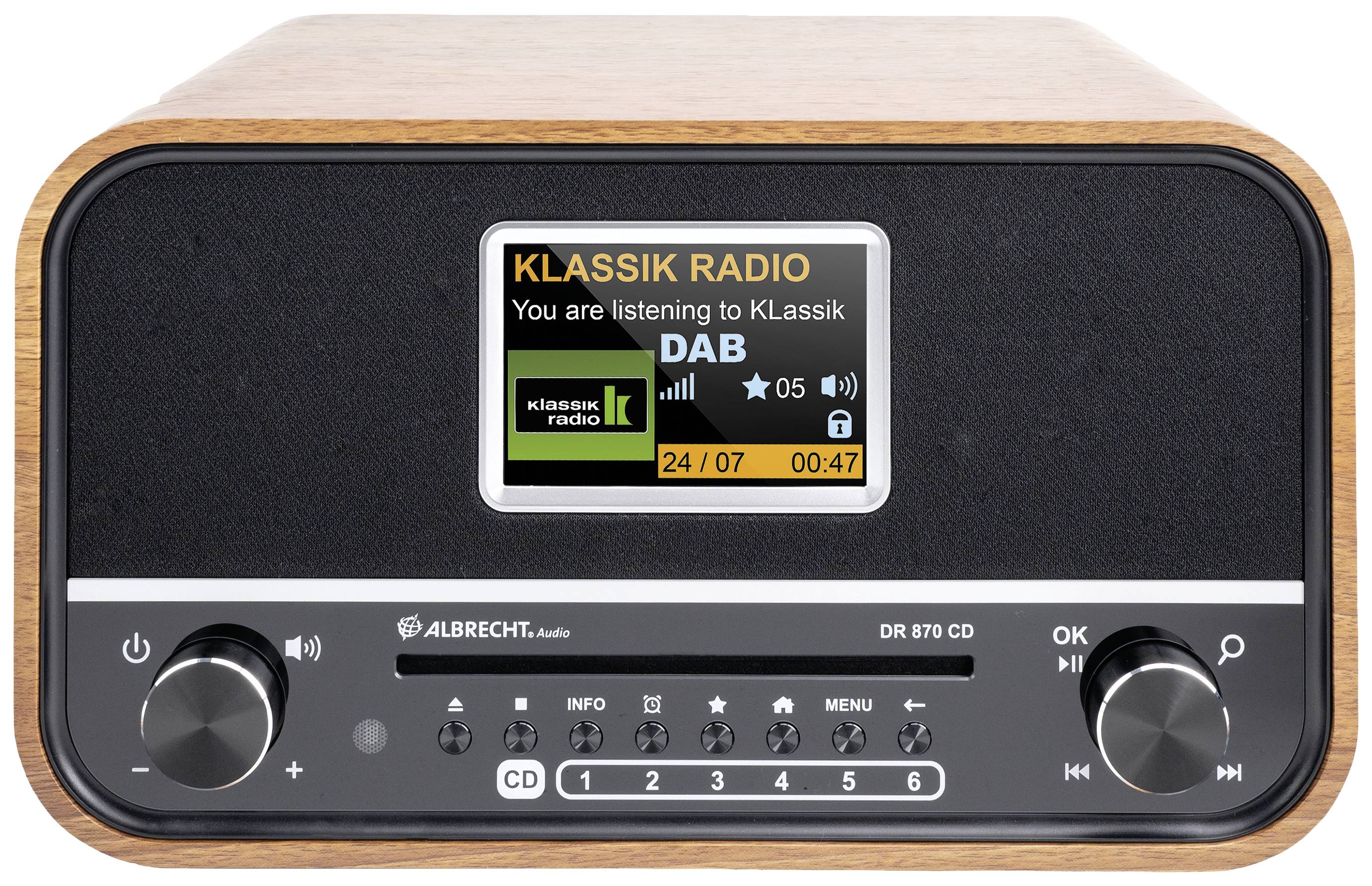 Albrecht DR 870 CD Seniorenradio, DAB+/ UKW/ CD/ USB Tischradio DAB+, UKW DAB+, UKW, Bluetooth® Weckfunktion, Inkl. Fernbedienung Walnuss, Schwarz