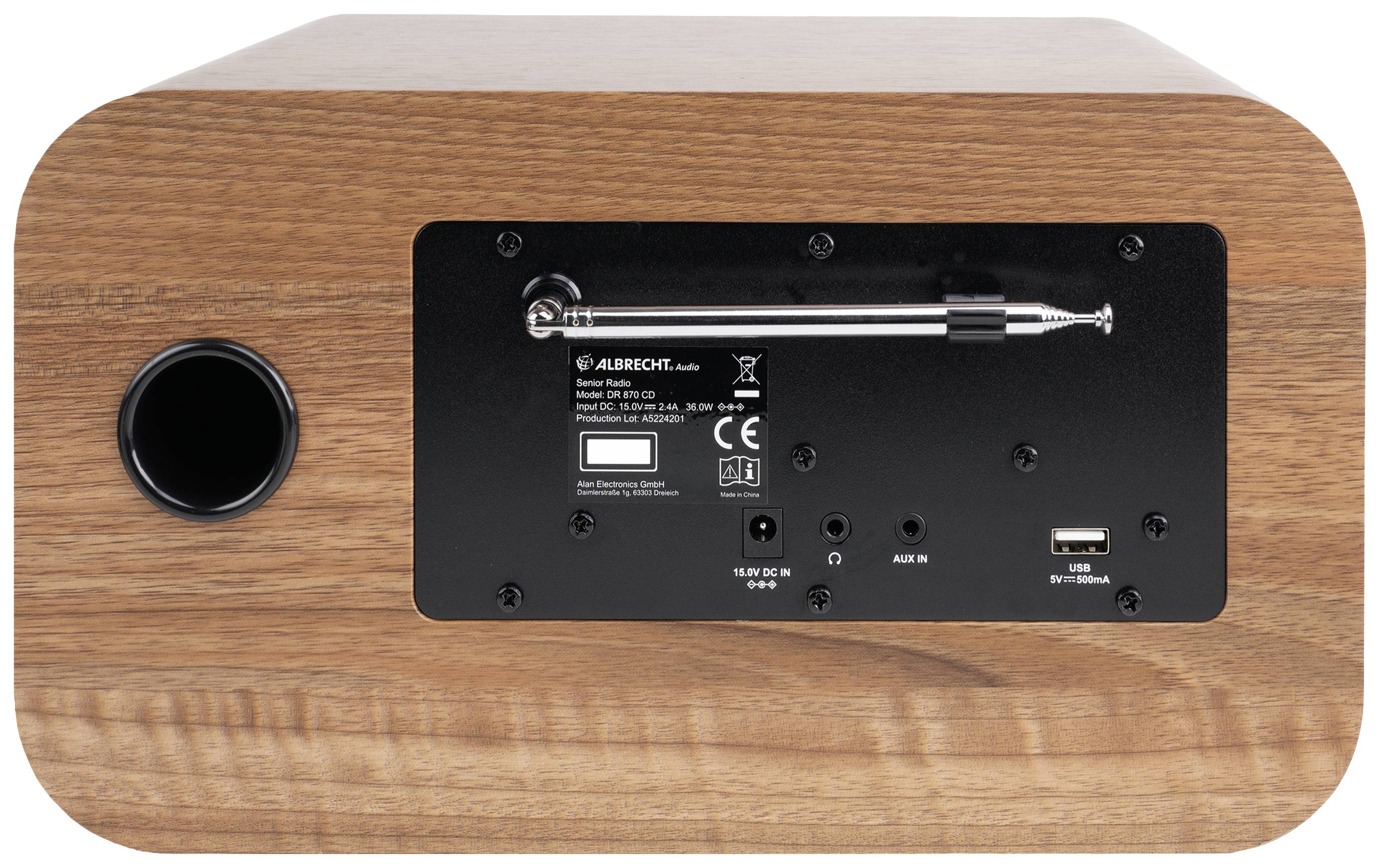 Albrecht DR 870 CD Seniorenradio, DAB+/ UKW/ CD/ USB Tischradio DAB+, UKW DAB+, UKW, Bluetooth® Weckfunktion, Inkl. Fernbedienung Walnuss, Schwarz