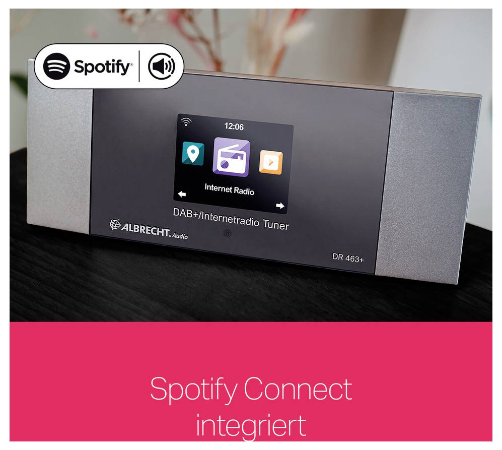 Ein DAB+ Internetradio Tuner mit einem Bildschirm, der eine Spotify-App zeigt, darunter der Text 'Spotify Connect integriert'.