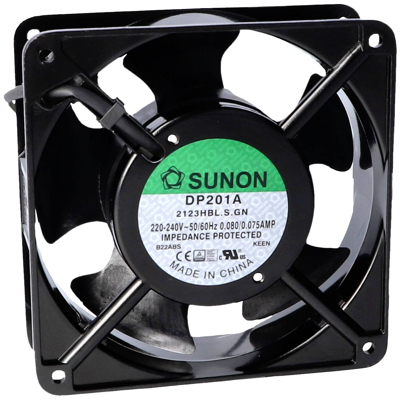 Ein schwarzer Ventilator der Marke Sunon, Modell DP201A, mit runden Schutzgittern, geeignet für 220-240V und 50/60Hz.