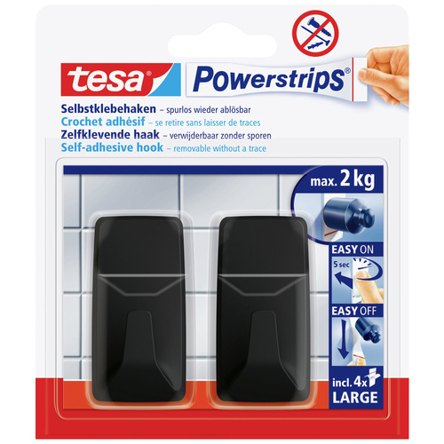 Tesa Black Hooks L Powerstrips Klebehaken Large Eckig (B x H) 20 mm x 50 mm Schwarz Inhalt: 2 St.