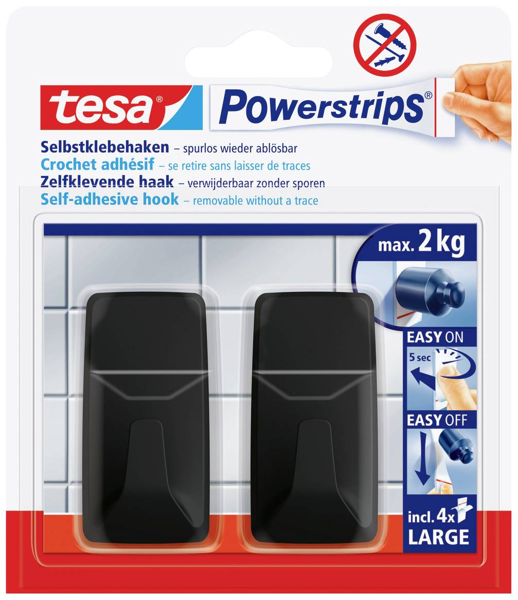 Selbstklebende Haken von Tesa Powerstrips, ablösbar und spurlos. Belastbar bis 2 kg. Enthält 4 große Haken. Einfache Anwendung.