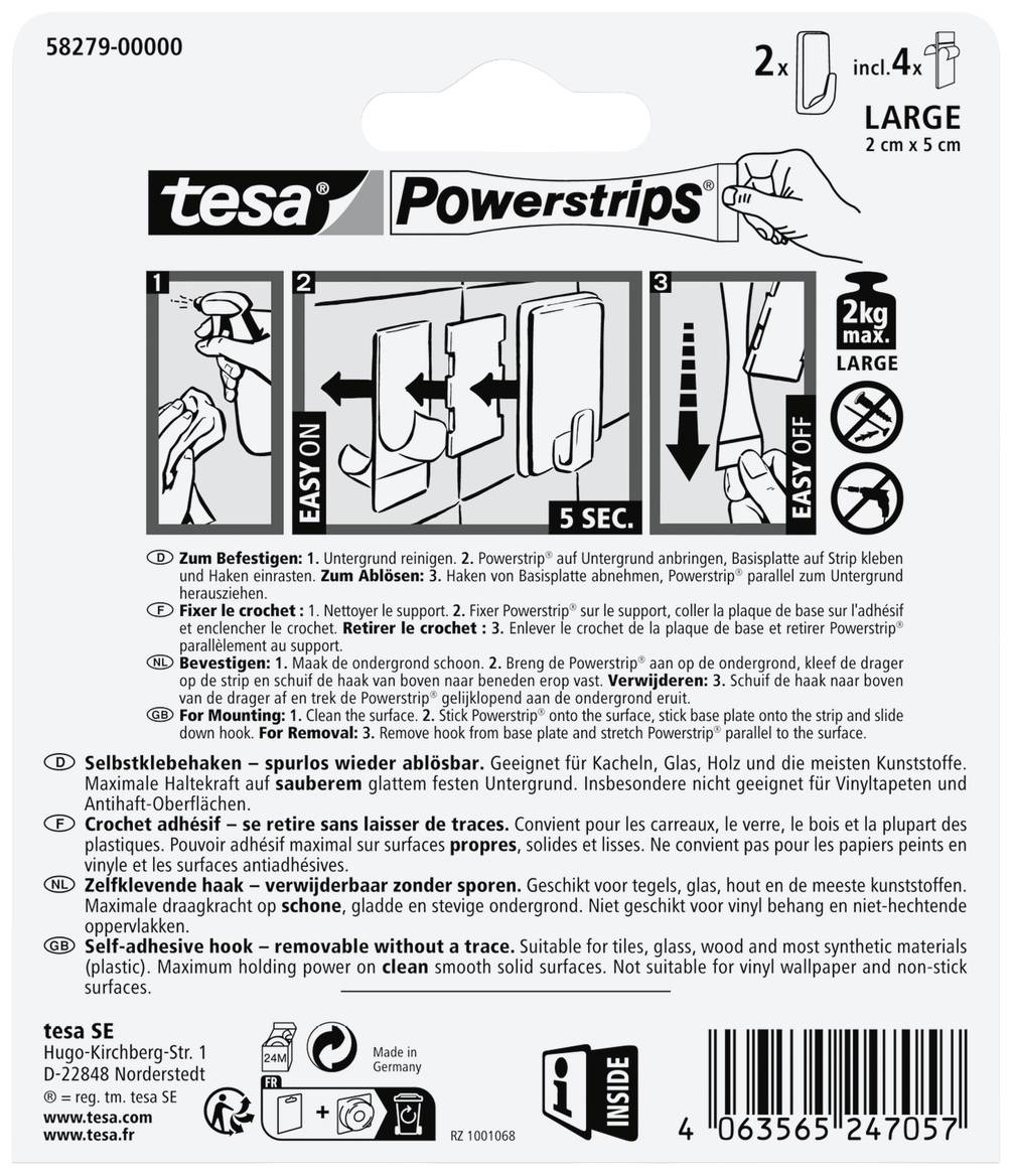 Anleitung zur Verwendung von tesa Powerstrips: 1. Untergrund reinigen, 2. Klebestreifen anbringen, 3. Objekt aufhängen, 4. Abziehen.