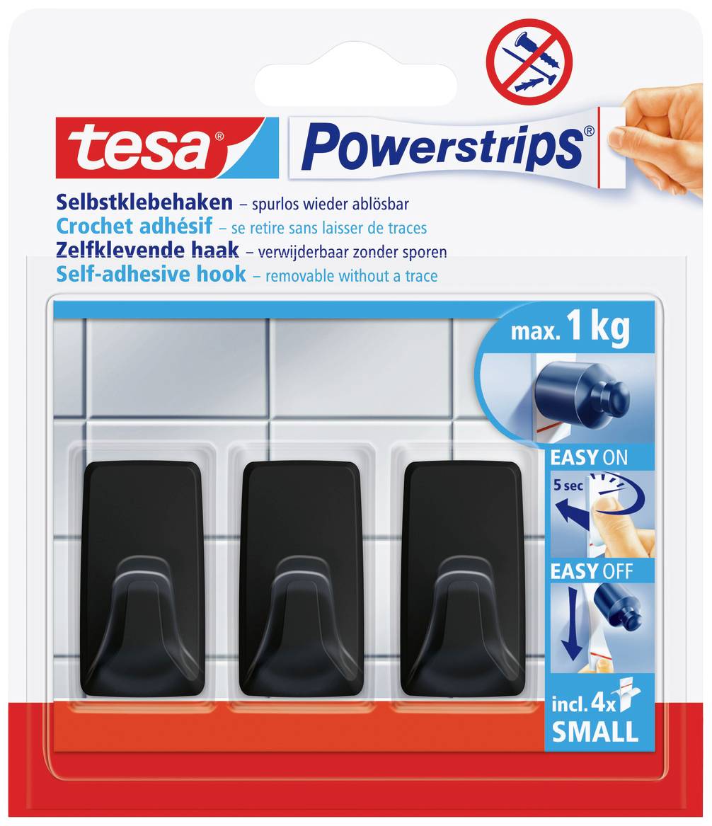 Drei schwarze, selbstklebende Haken für bis zu 1 kg, in Verpackung mit blauer und roter Aufschrift, inklusive vier Powerstrips.