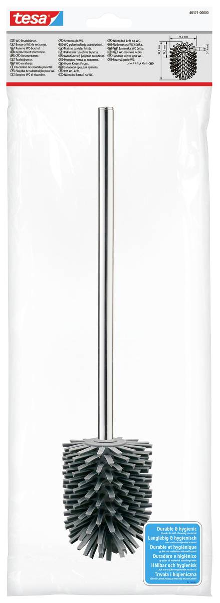 Verpackung eines WC-Bürstenkopfs von Tesa mit schwarzen flexiblen Borsten und langem Griff, geeignet für effektive Reinigung.