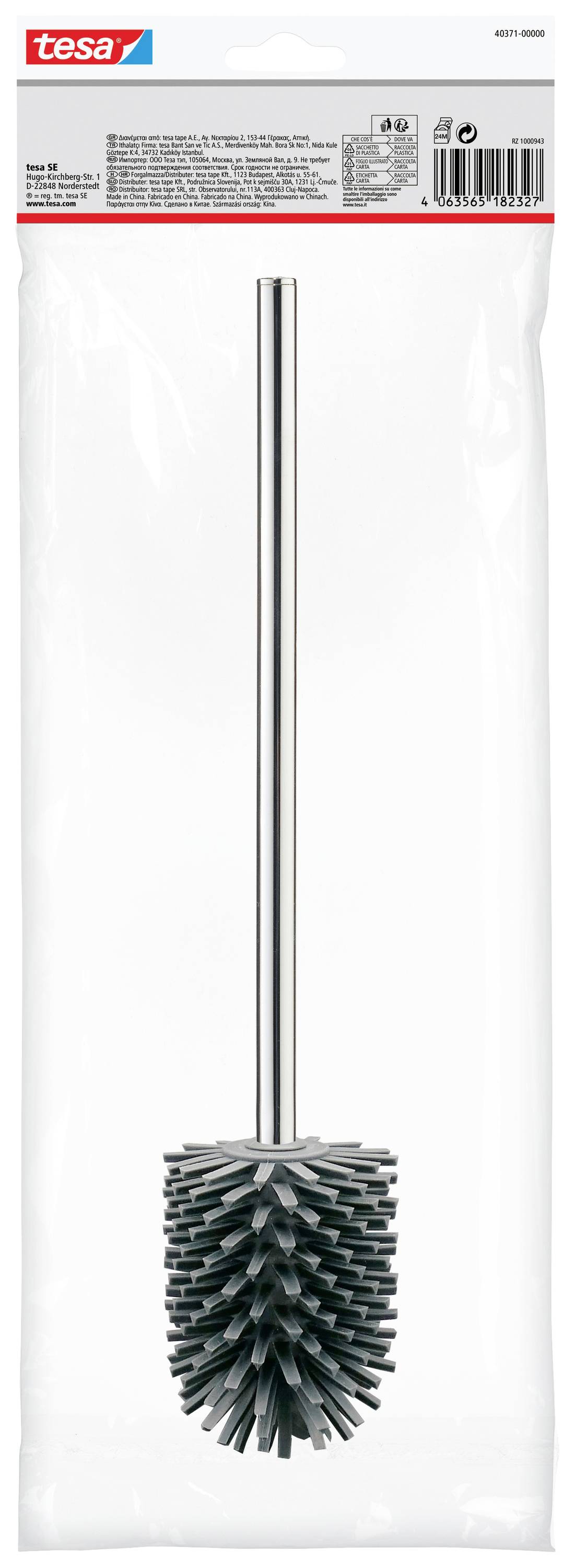 Toilettenbürste von tesa mit Edelstahlgriff und grauen Borsten, Verpackung zeigt Logo und Informationen.