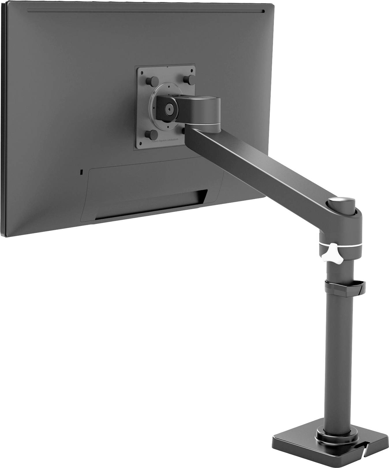 Ein Monitor, der an einem verstellbaren Arm befestigt ist, zeigt seine Rückseite. Der Arm ist an einem Schreibtisch montiert.