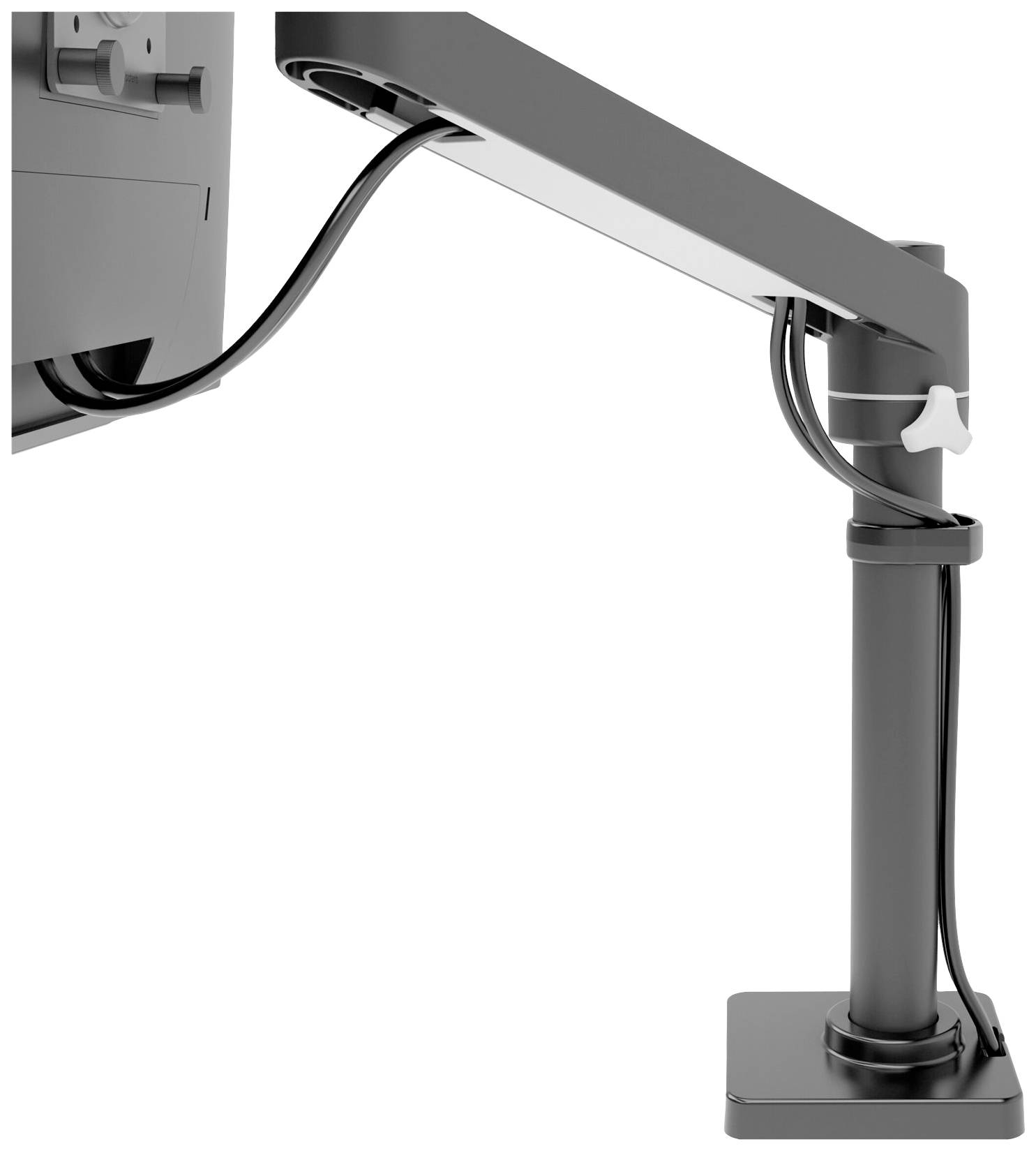 Ein grau-schwarzer Monitorarm hält einen Bildschirm. Kabelmanagement sorgt für eine saubere Anordnung der Kabel entlang des Arms.