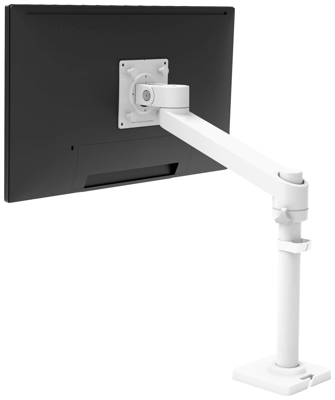 Ein Monitor ist an einem verstellbaren, weißen Arm montiert, der eine flexible Positionierung ermöglicht. Monitor zeigt keine Inhalte.