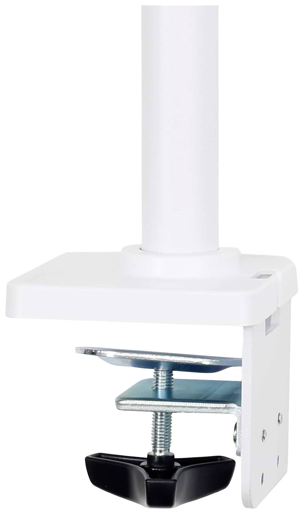 Eine weiße Tischklemme zur Befestigung von Gegenständen auf einer Arbeitsfläche. Sie hat einen Hebel zur stabilen Fixierung.