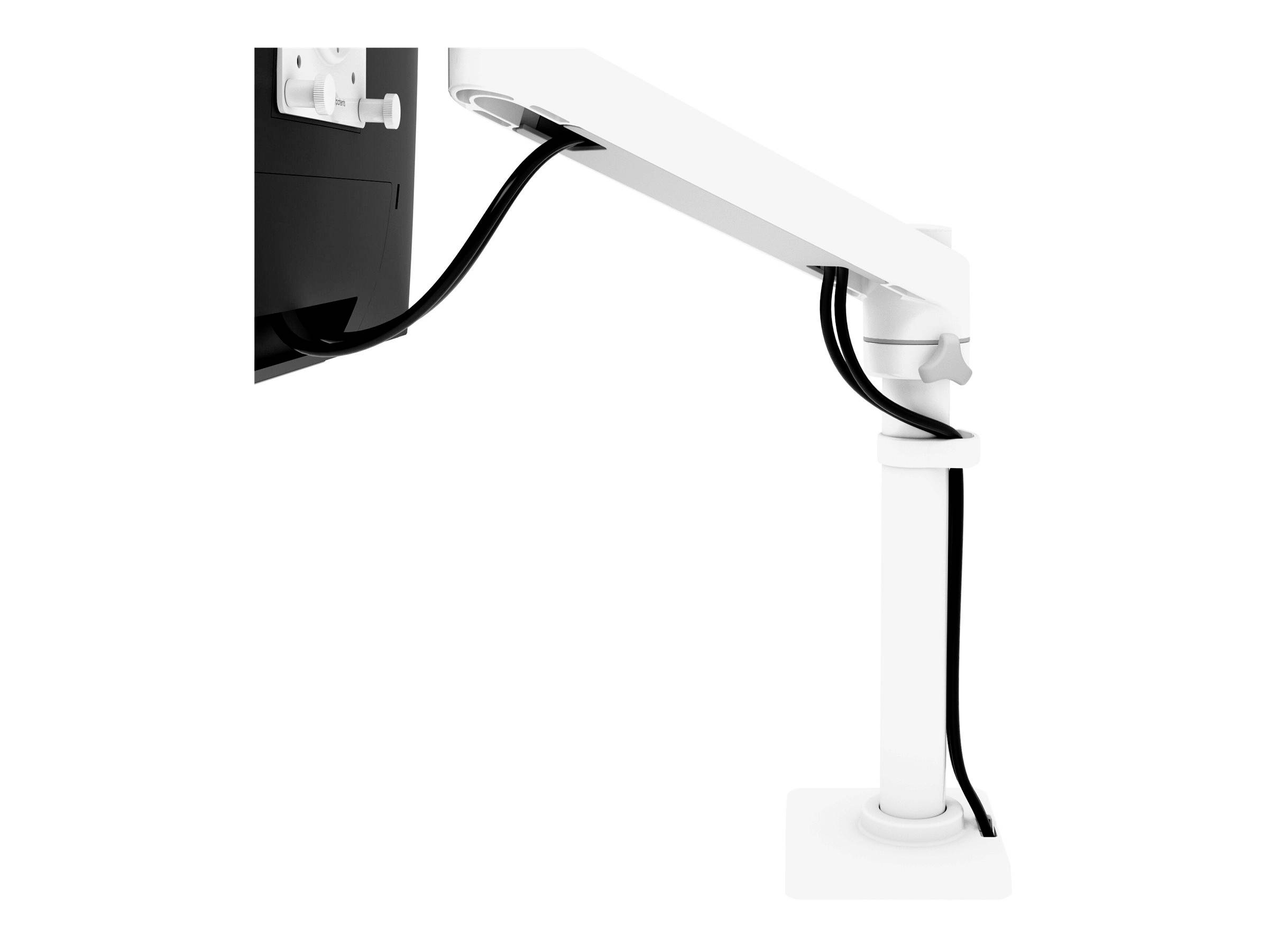 Weißer, verstellbarer Monitorarm an der Tischkante montiert, hält einen schwarzen Bildschirm. Kabel sind durch den Arm geführt.