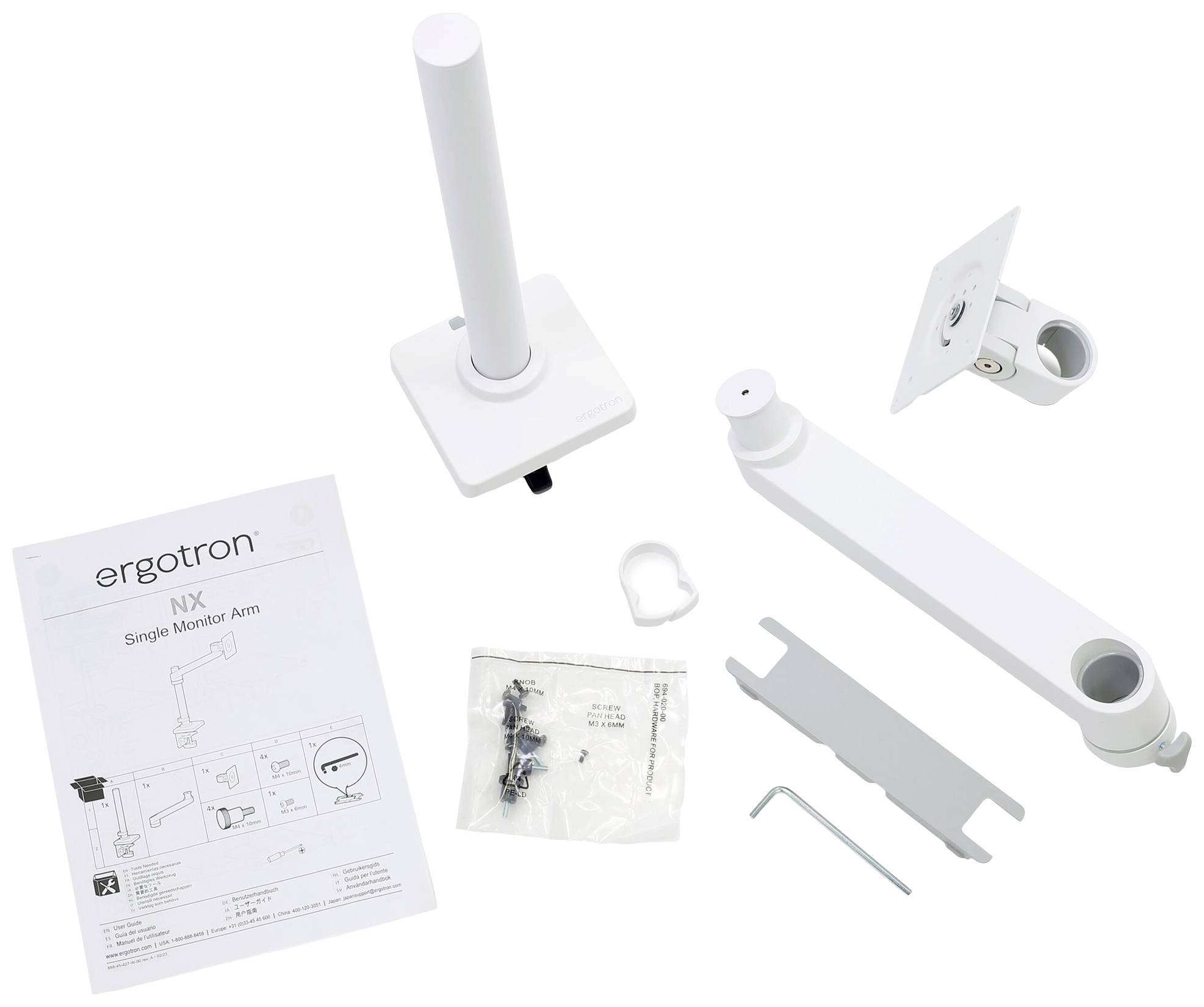 Monitorarm-Set in Weiß, bestehend aus einem Standfuß, Befestigungsarm, Schrauben, Inbusschlüssel und Montageanleitung.