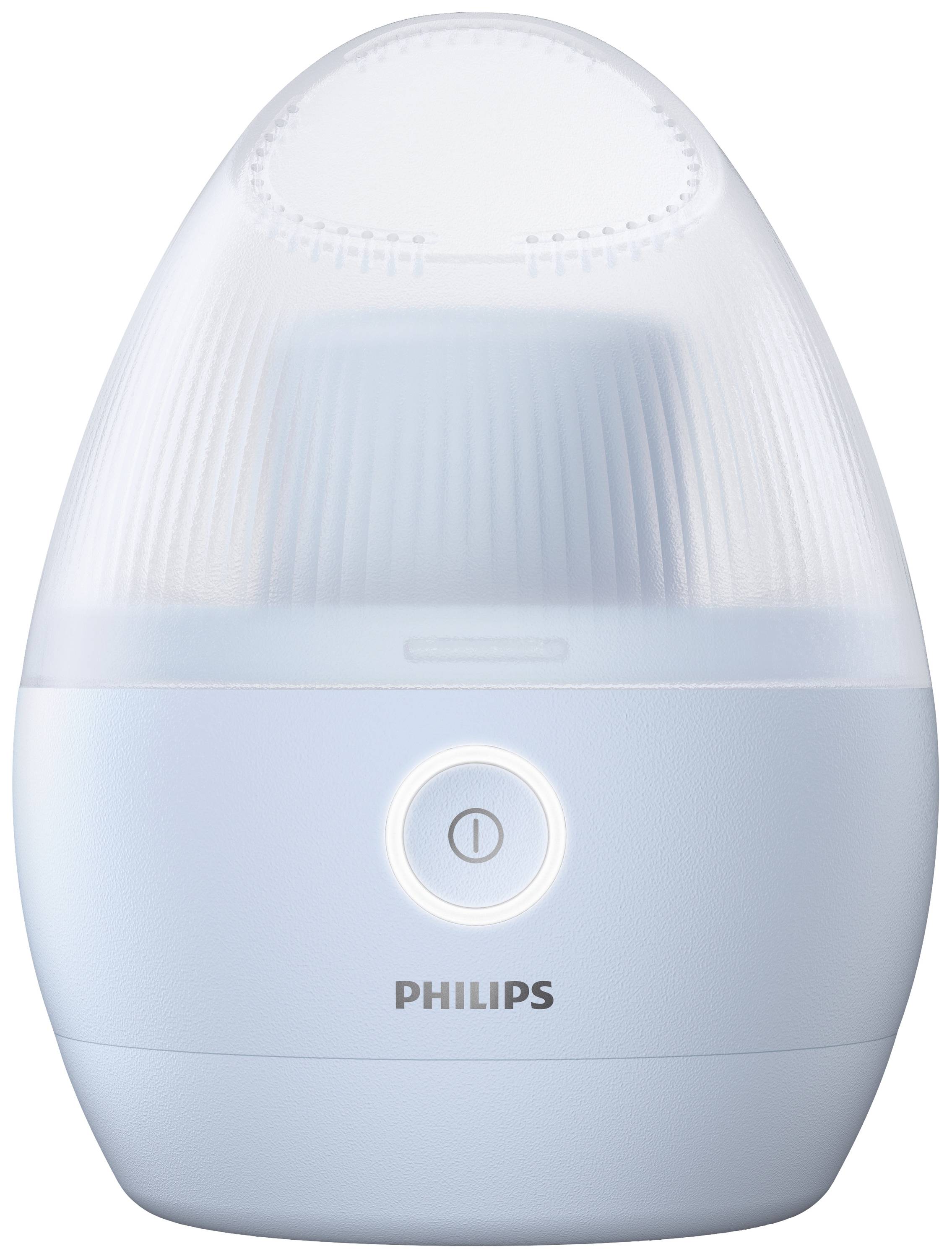 Luftbefeuchter in Eiform mit weiß-blauem Gehäuse und silbernem Einschaltknopf, markiert mit 'Philips'. Ideal für Wohnräume.