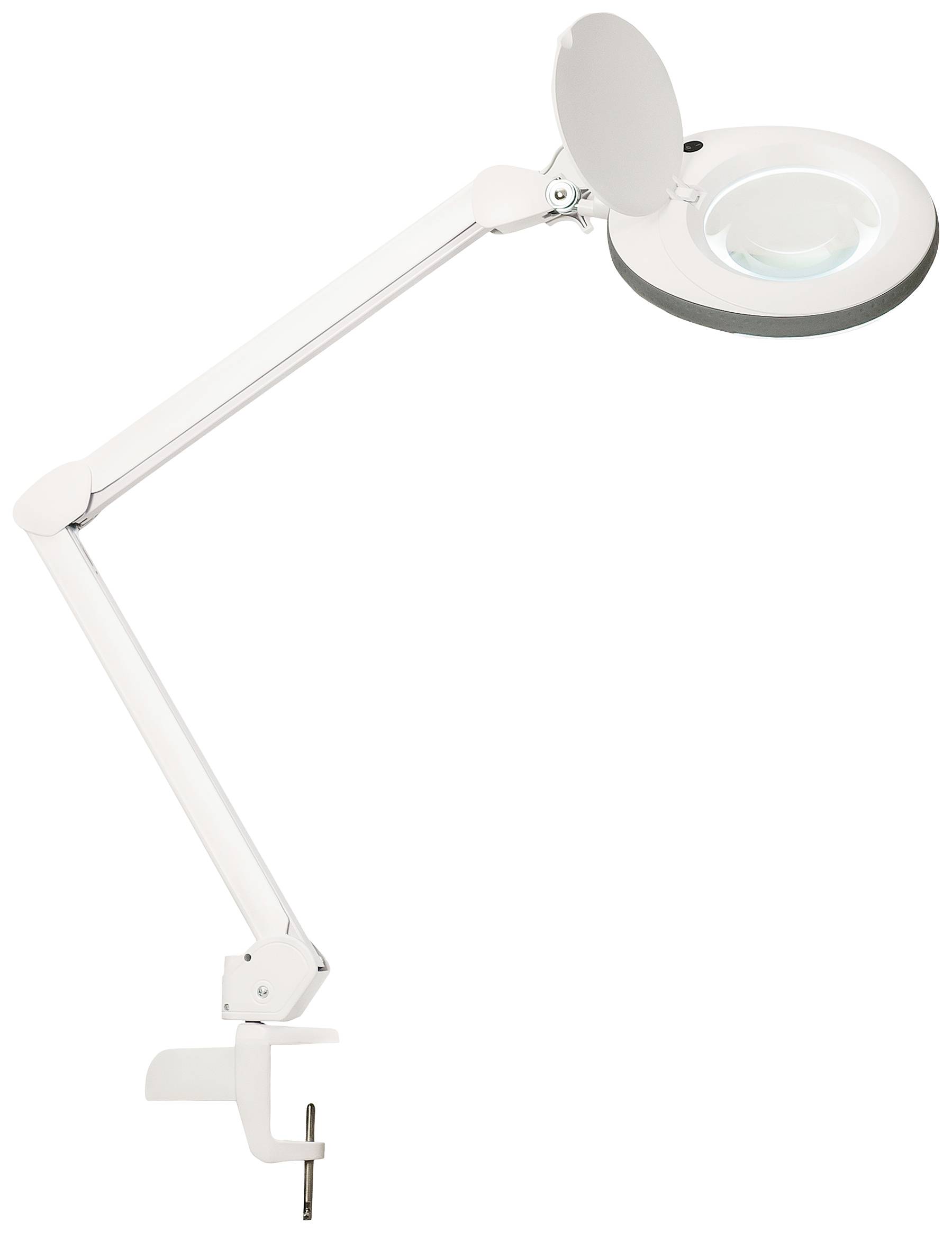 Lampe mit verstellbarem Arm und Lupe, zur Tischmontage geeignet. Sie bietet optimale Beleuchtung und Vergrößerung für Detailarbeiten.