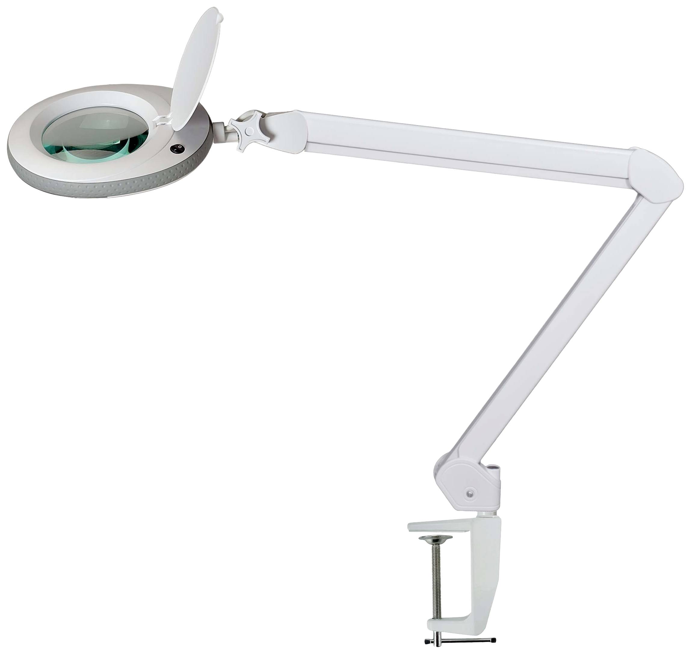 Schwenkbare Lupenlampe mit Klemme zur Befestigung an Tischkanten. Ideal für detaillierte Arbeiten und Präzisionsaufgaben.