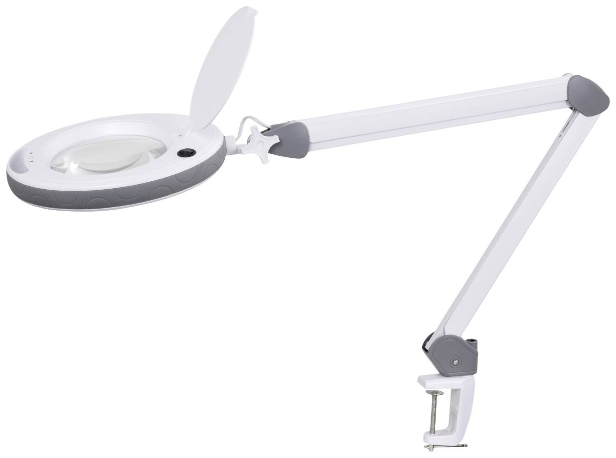 Schreibtischlampe mit integrierter Lupe und Gelenkarm, weiß, zur Tischmontage. Ideal für präzise Arbeiten oder Detailbetrachtung.