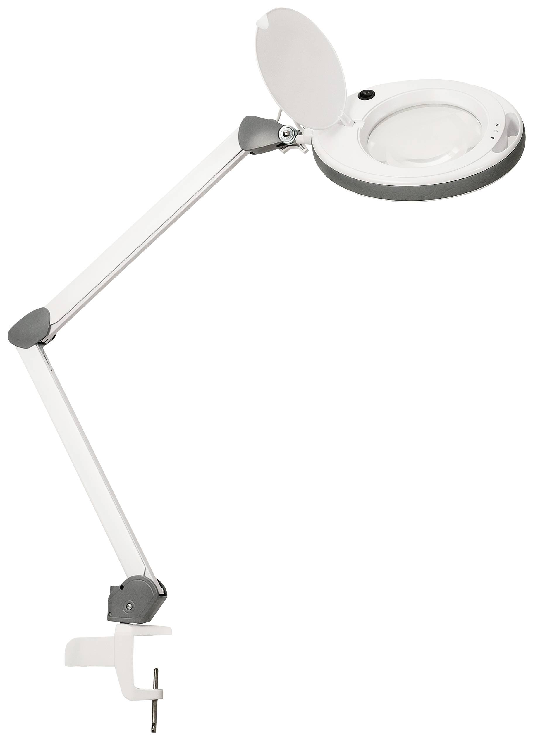 Eine weiße Tischlupe mit einer runden Lampe und verstellbarem Arm, die an einem Tisch befestigt ist. Ideal zum Vergrößern kleiner Objekte.