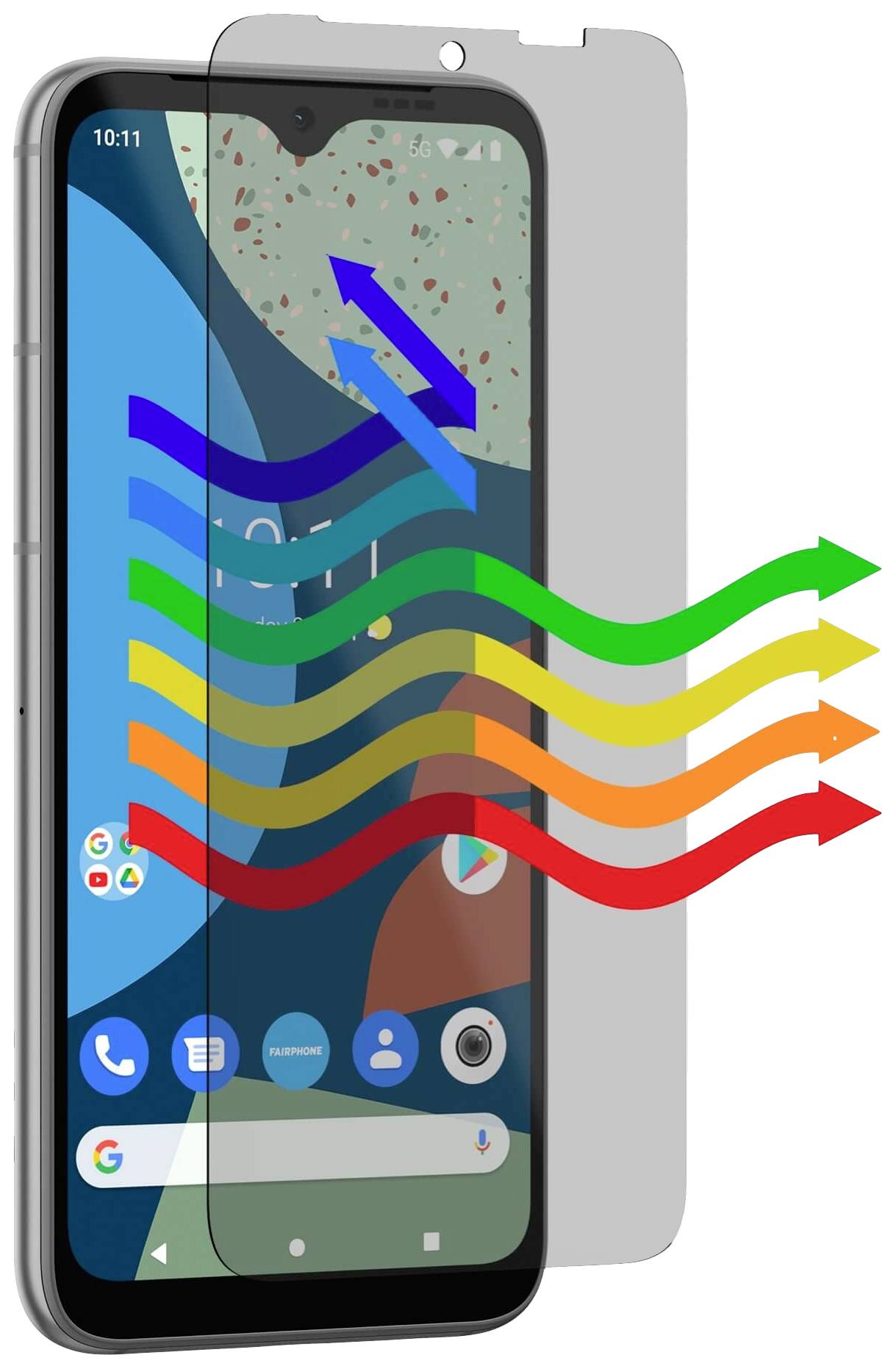 Smartphone mit Schutzfolie, auf der bunte Pfeile von blau nach rot gezeigt werden, die Luftzirkulation oder Temperatur darstellen.