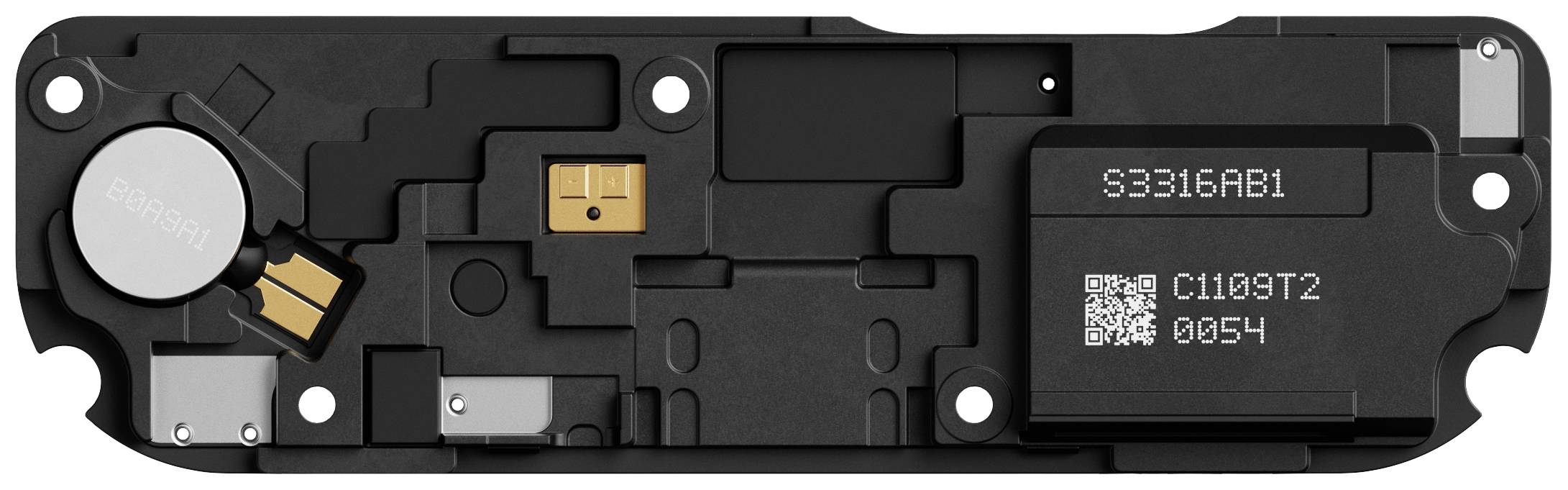 Eine Handy-Komponente mit mehreren Anschlüssen und einem QR-Code, unbeschriftet, auf einer schwarzen Oberfläche montiert.
