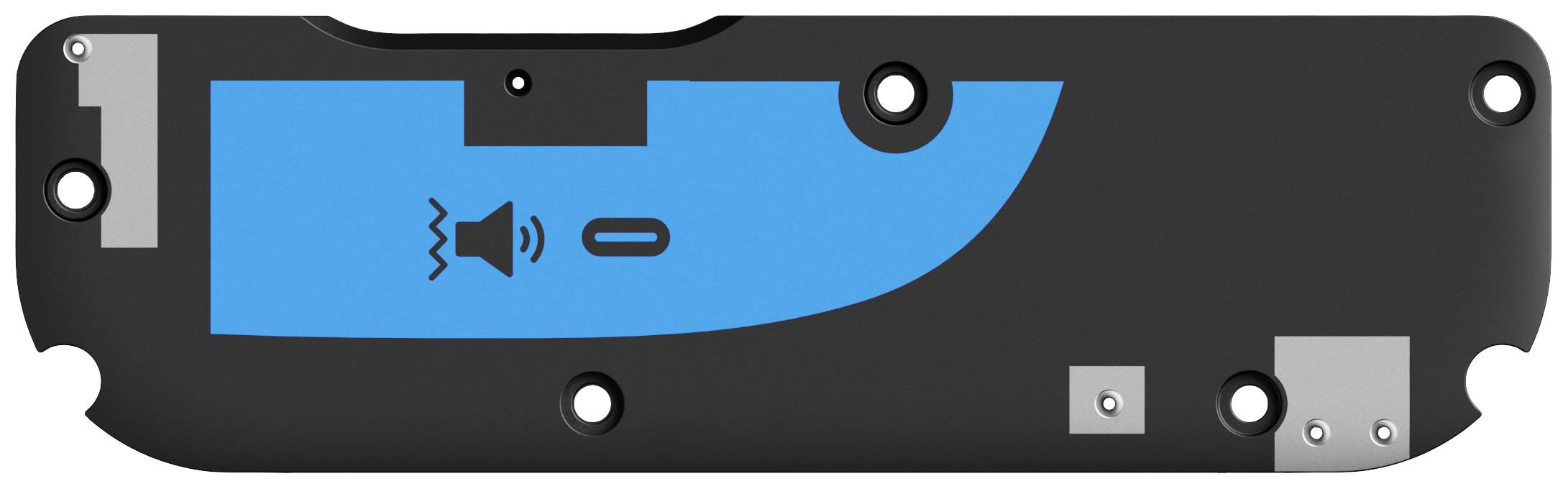 Handy-Lautsprecher-Modul, obere Ansicht, zeigt Teile und ein Lautsprecher-Symbol in Blau.