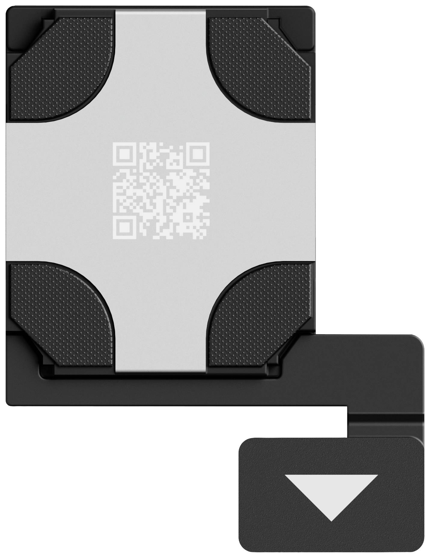 Ein metallisches Quadrat mit schwarzem Rand und QR-Code, befestigt an einem rechteckigen Plastikarm mit einem nach unten zeigenden Pfeil.