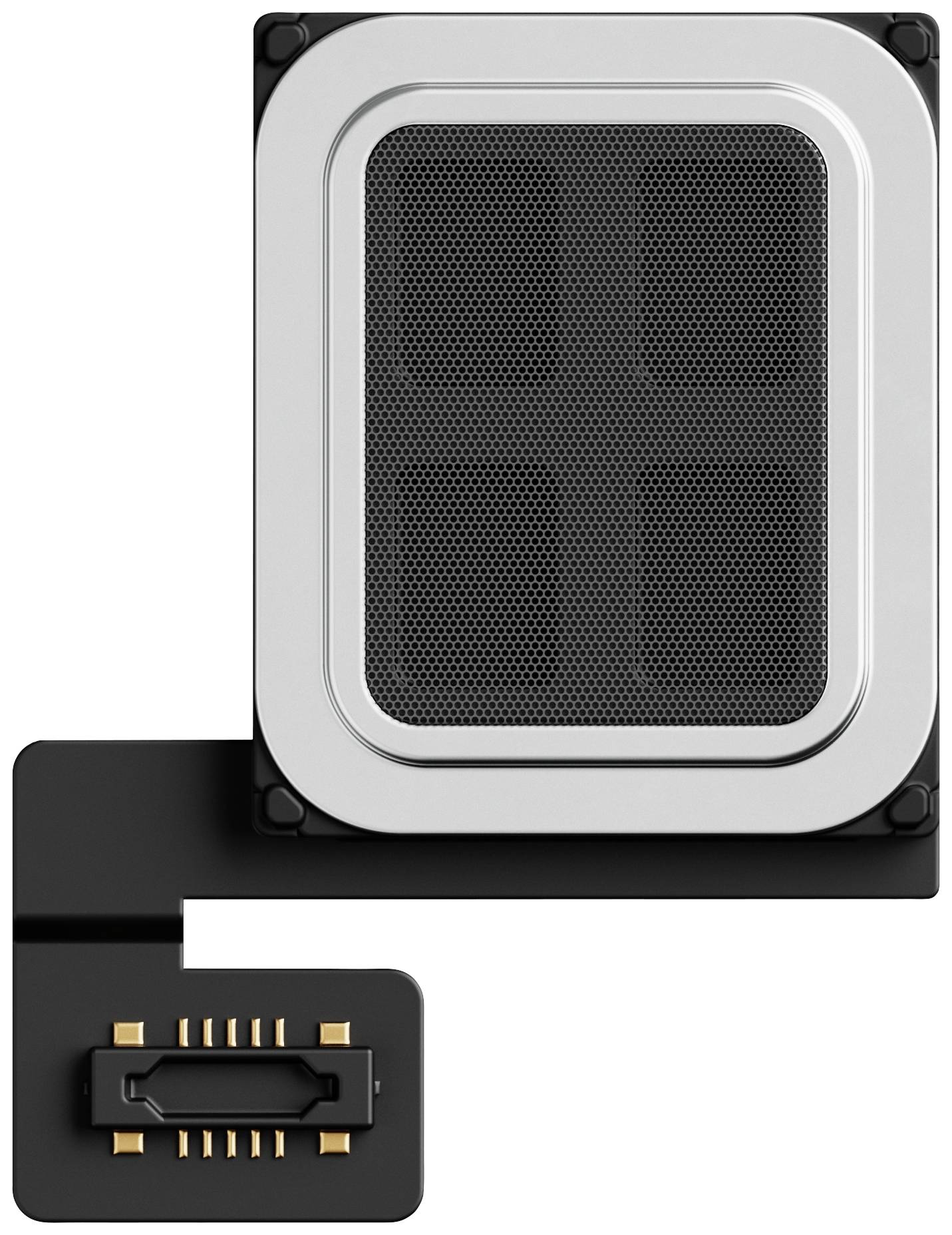 Kleiner rechteckiger Lautsprecher mit Netzabdeckung und Steckverbinder, möglicherweise Teil eines elektronischen Geräts oder Smartphones.