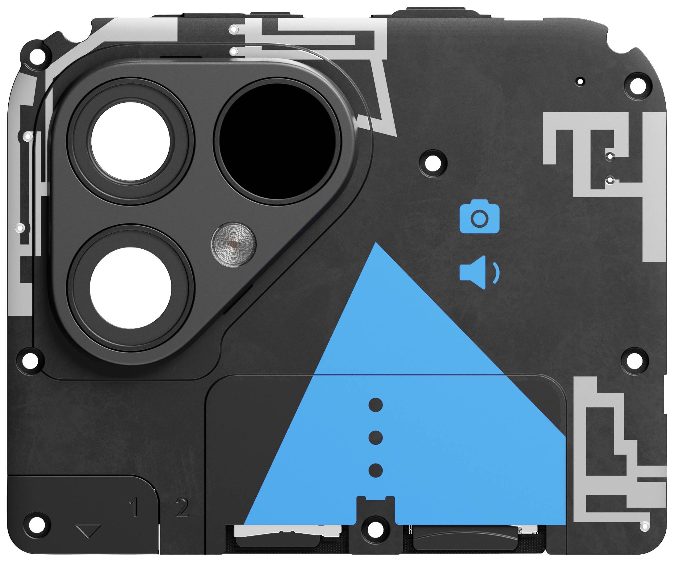 Rückseite eines elektronischen Geräts mit zwei großen Objektivöffnungen und einem blauen Dreiecksymbol in der Mitte.