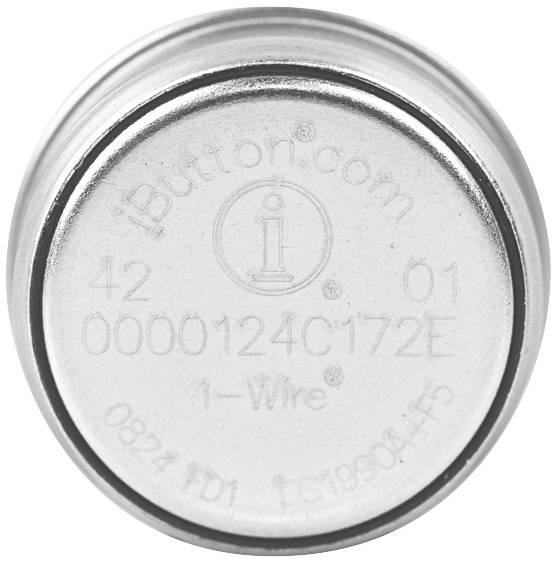 Runde, metallische iButton mit der Aufschrift 'iButton.com', Seriennummer '0000124C172E', und Hinweis '1-Wire' für technische Anwendungen.